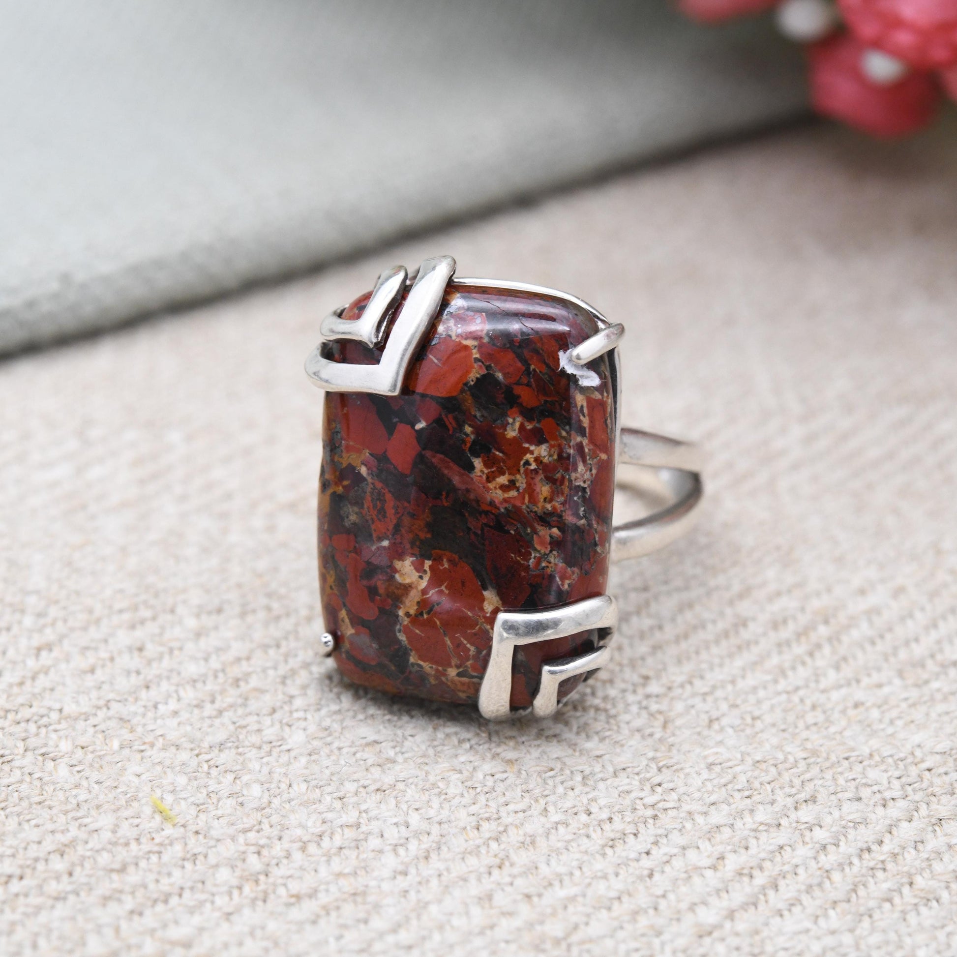 Vintage Sterling Silver Red Agate Ring - Chunky | Modernist | Red Stone | Statement Ring | UK Size - R | US Size - 8 3/4