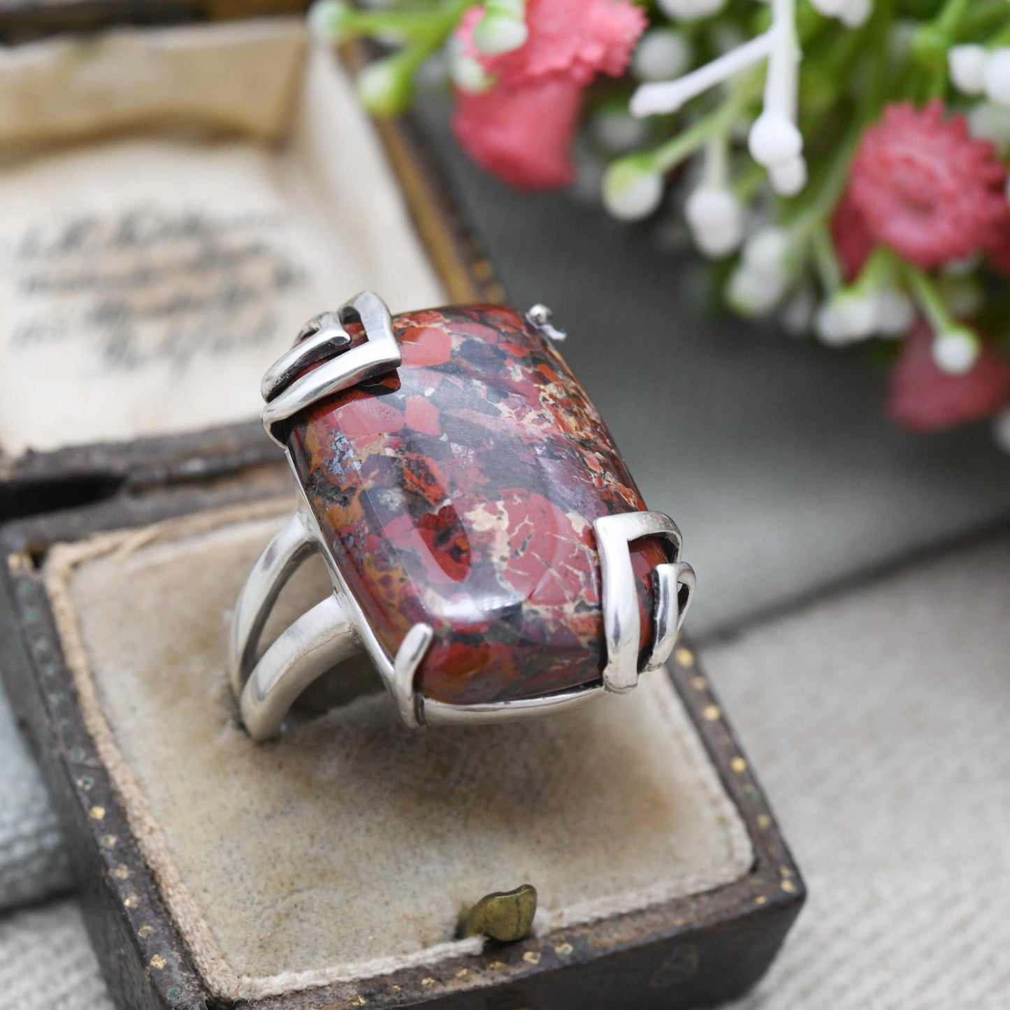Vintage Sterling Silver Red Agate Ring - Chunky | Modernist | Red Stone | Statement Ring | UK Size - R | US Size - 8 3/4