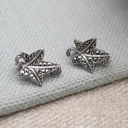 Vintage Sterling Silver Marcasite Earrings - Floral Leaf Shape | Clip Ons | Statement Sparkly Earrings