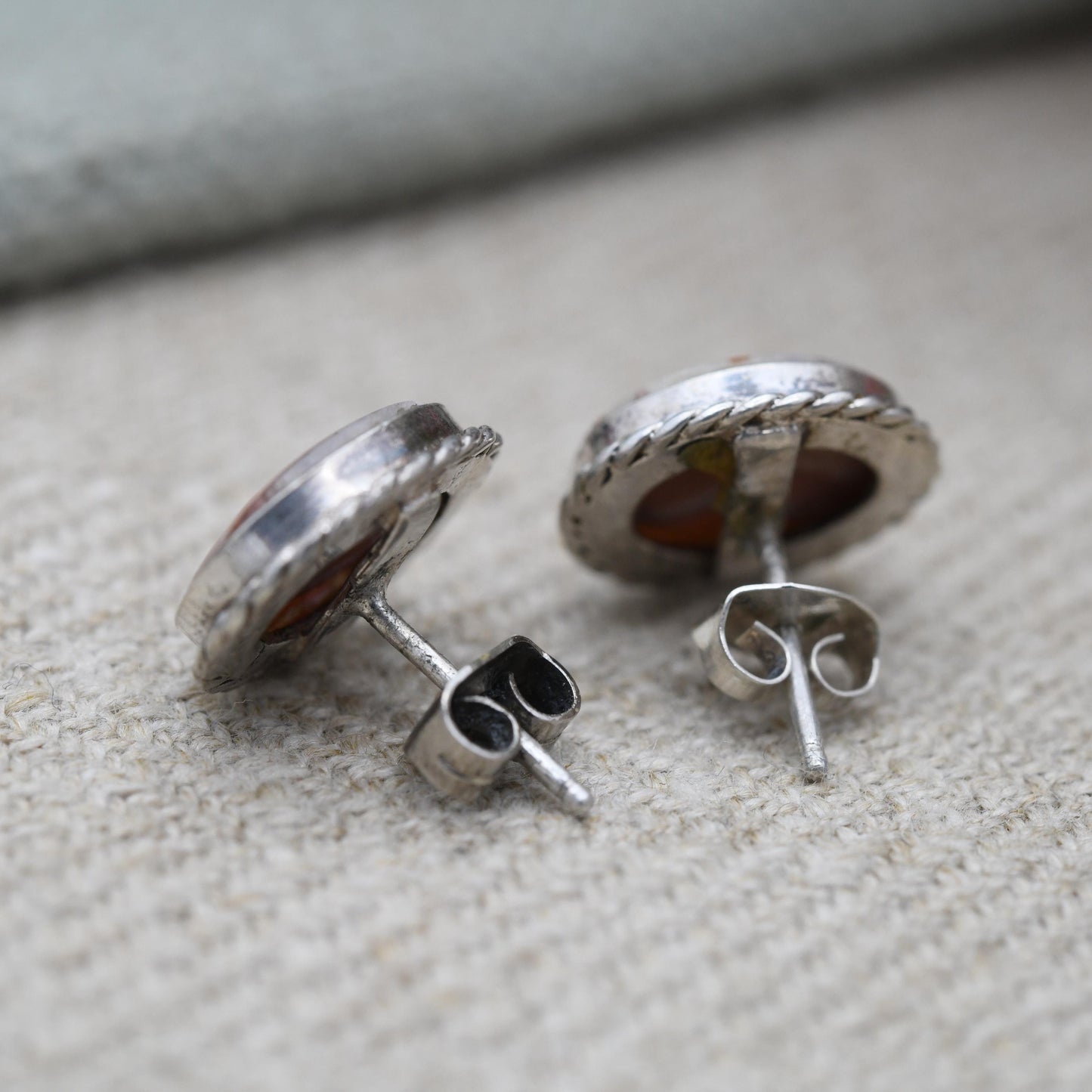 Vintage Agate Sterling Silver Stud Earrings - Cute Gemstone Studs | Rope Twist Border | Pretty Gift for Her | Butterfly Backs