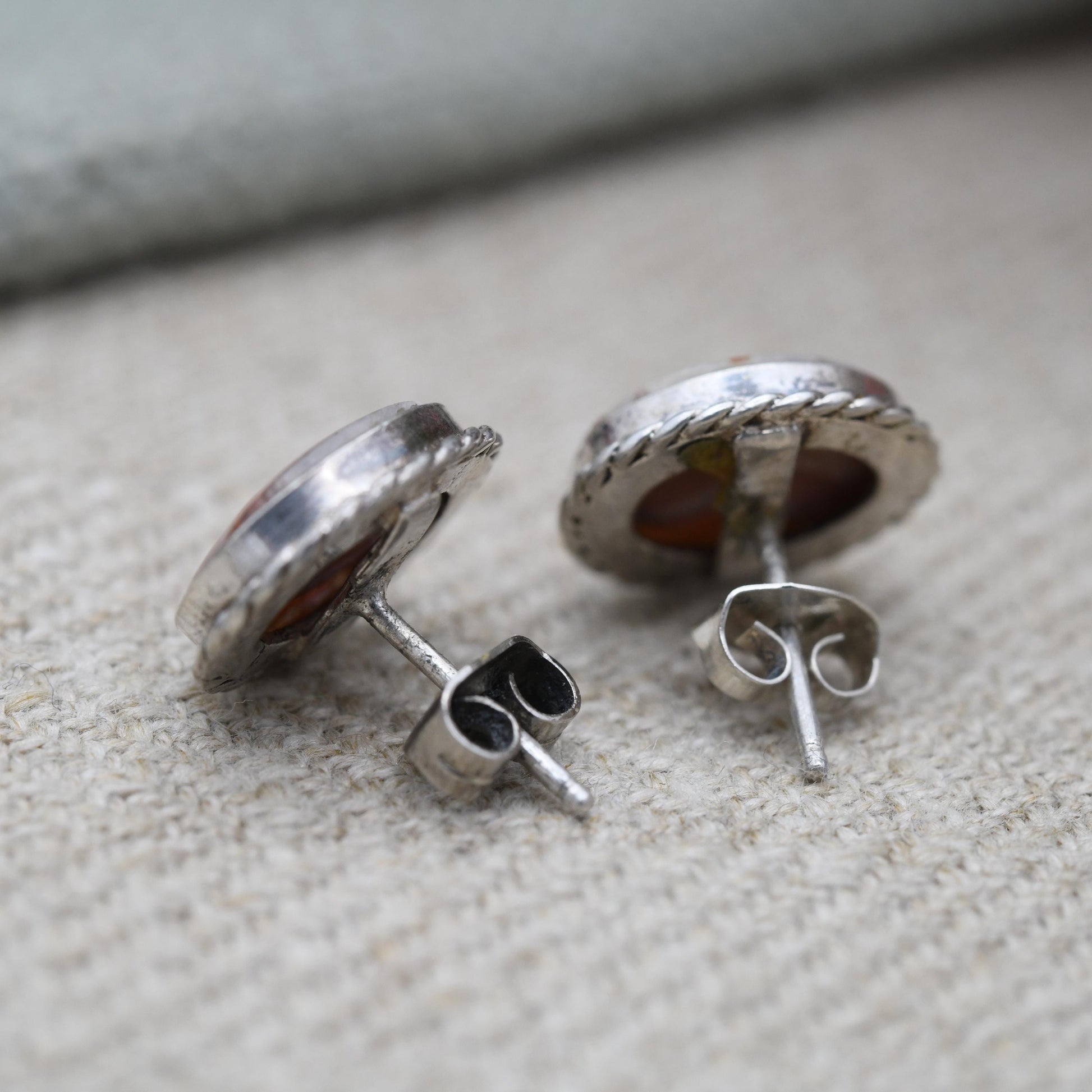 Vintage Agate Sterling Silver Stud Earrings - Cute Gemstone Studs | Rope Twist Border | Pretty Gift for Her | Butterfly Backs