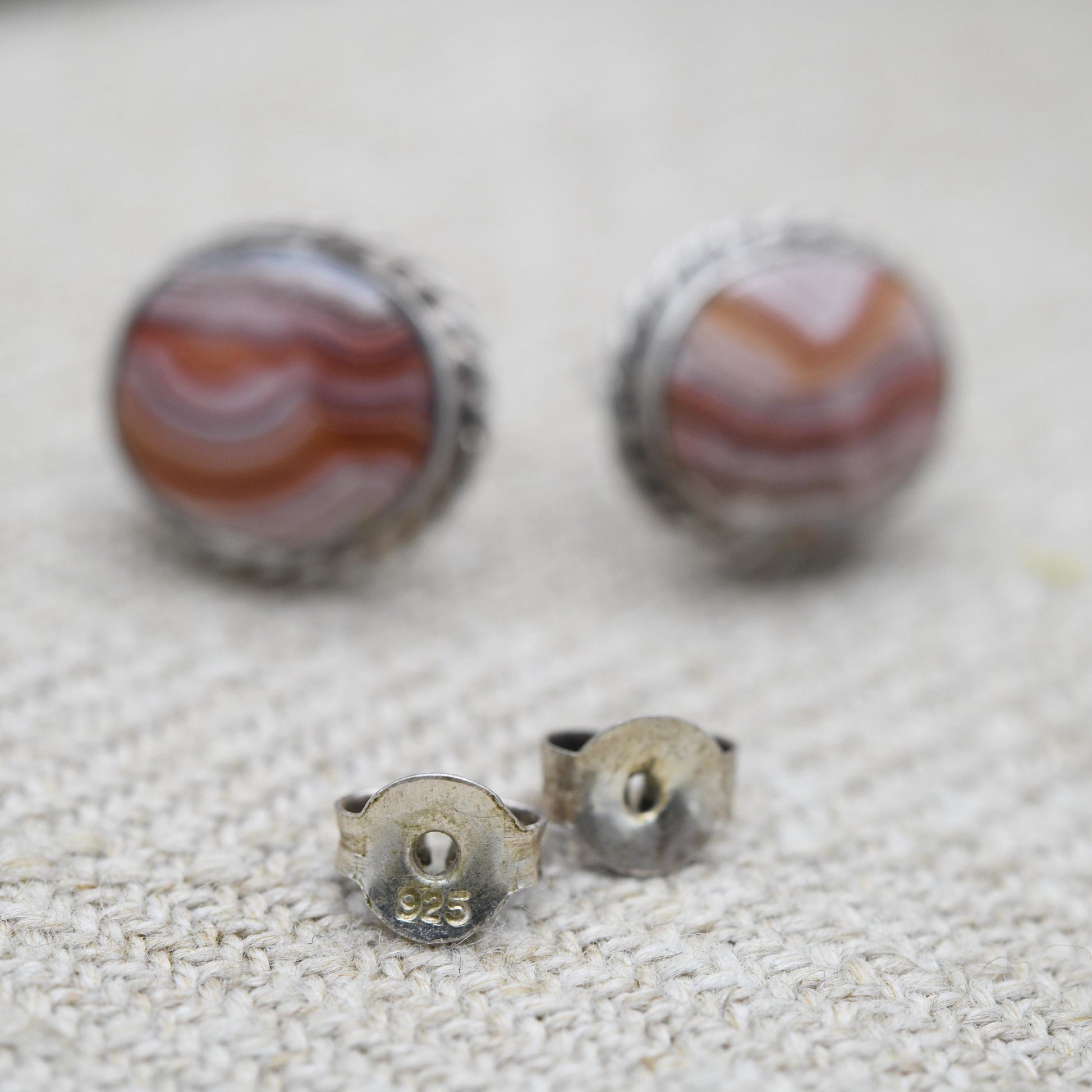 Vintage Agate Sterling Silver Stud Earrings - Cute Gemstone Studs | Rope Twist Border | Pretty Gift for Her | Butterfly Backs