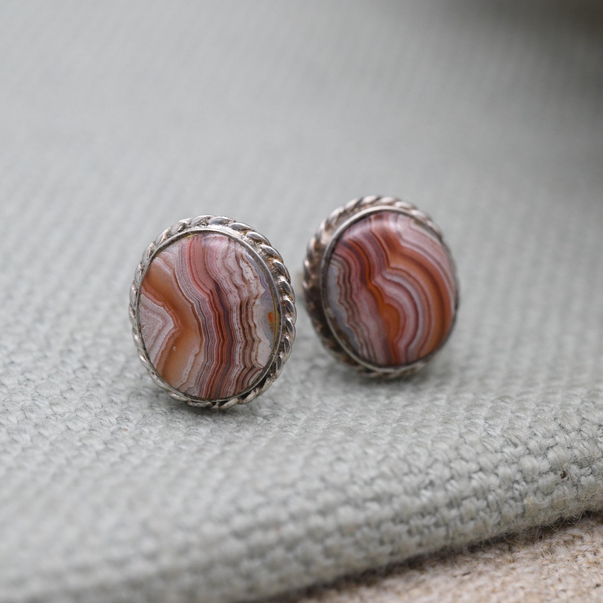 Vintage Agate Sterling Silver Stud Earrings - Cute Gemstone Studs | Rope Twist Border | Pretty Gift for Her | Butterfly Backs
