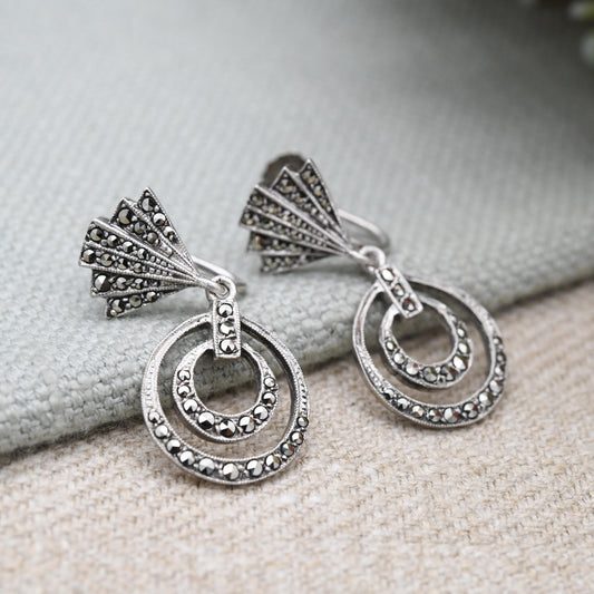 Vintage Sterling Silver Marcasite Screw Back Earrings - Art Deco Style | Dangle Pendant | Pretty Openwork Design Silver Jewellery Gift