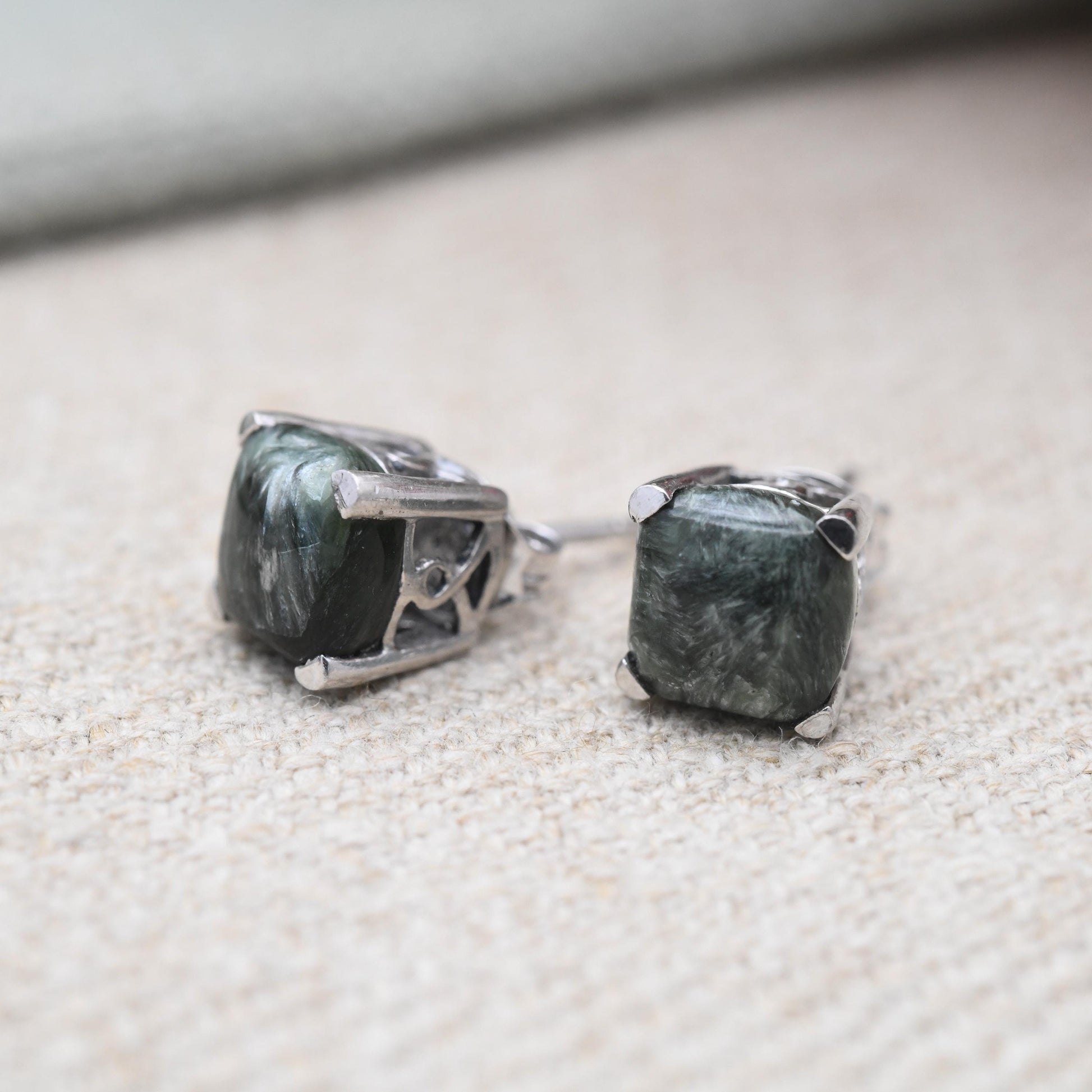 Vintage Sterling Silver Green Stone Stud Earrings - Cute Cabochon Studs | Green Gemstones with Silver Prongs
