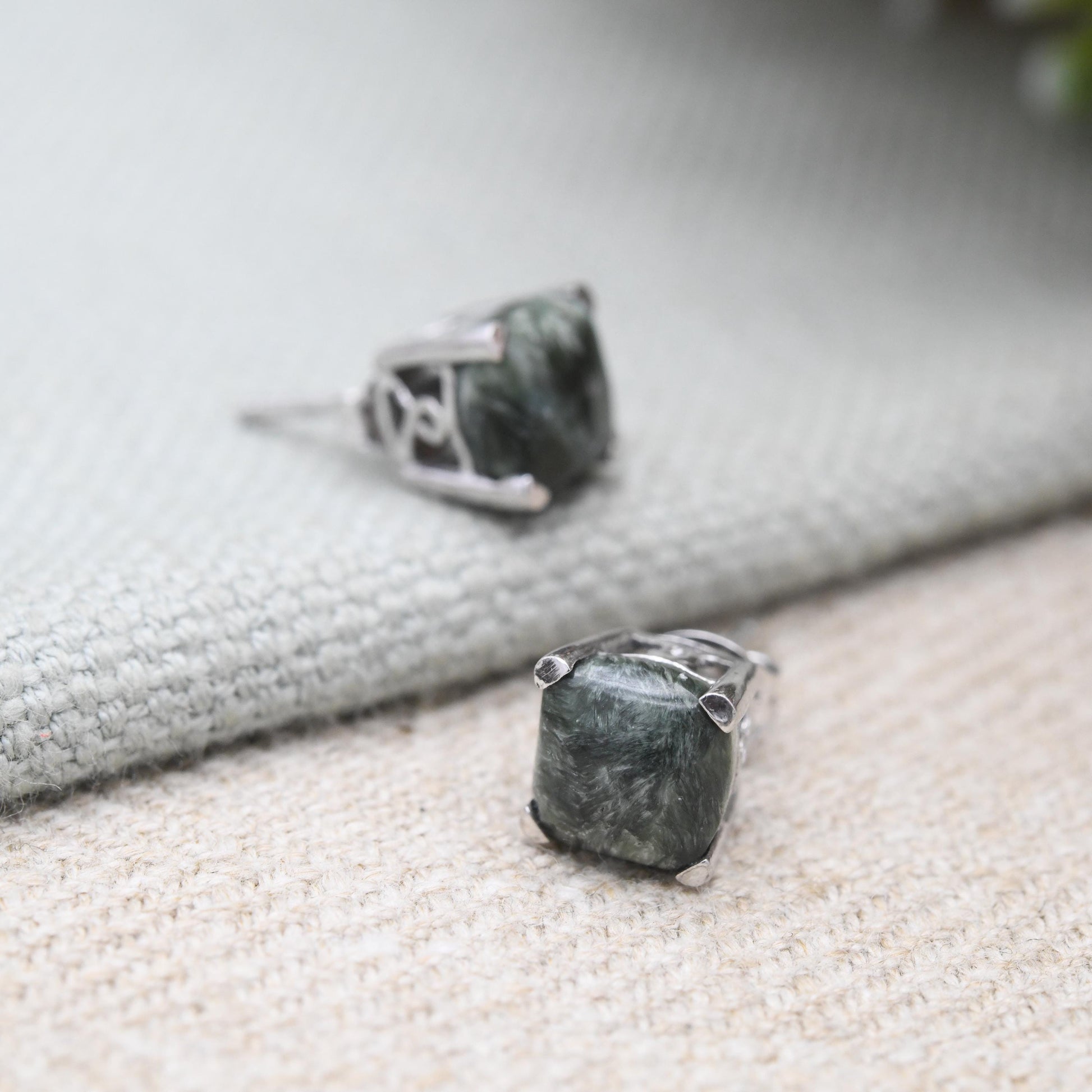 Vintage Sterling Silver Green Stone Stud Earrings - Cute Cabochon Studs | Green Gemstones with Silver Prongs
