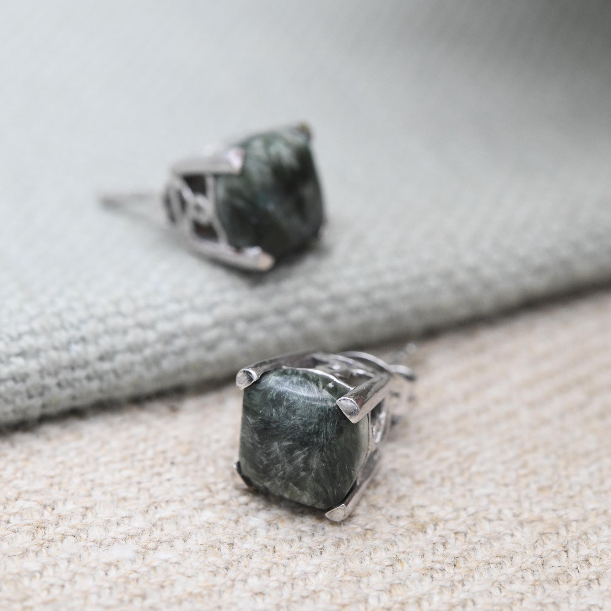 Vintage Sterling Silver Green Stone Stud Earrings - Cute Cabochon Studs | Green Gemstones with Silver Prongs