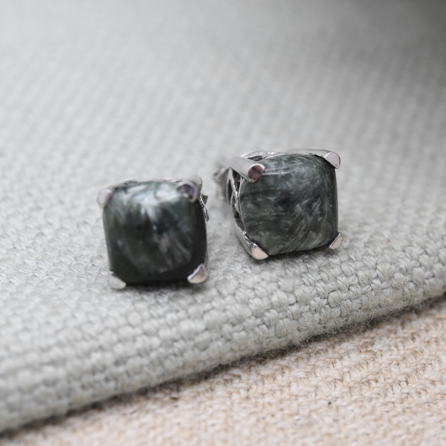 Vintage Sterling Silver Green Stone Stud Earrings - Cute Cabochon Studs | Green Gemstones with Silver Prongs