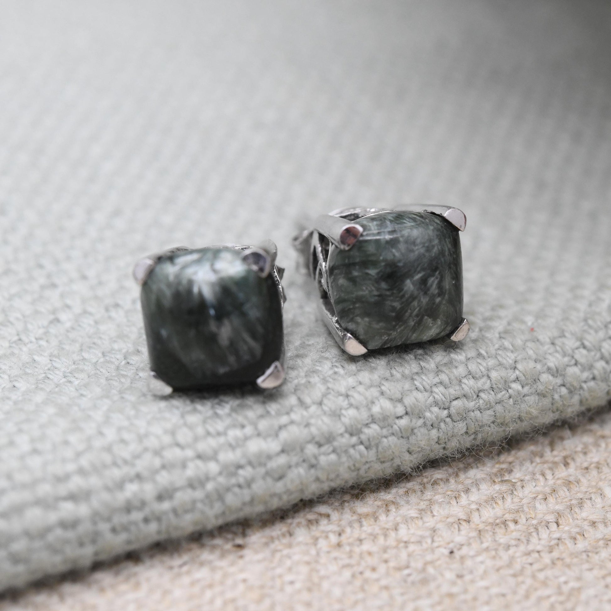 Vintage Sterling Silver Green Stone Stud Earrings - Cute Cabochon Studs | Green Gemstones with Silver Prongs