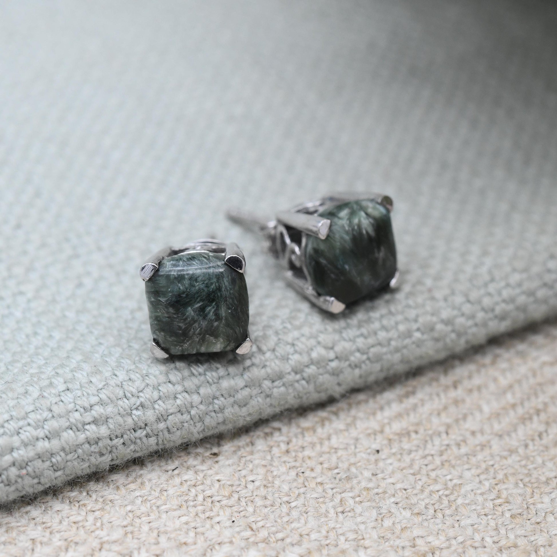 Vintage Sterling Silver Green Stone Stud Earrings - Cute Cabochon Studs | Green Gemstones with Silver Prongs