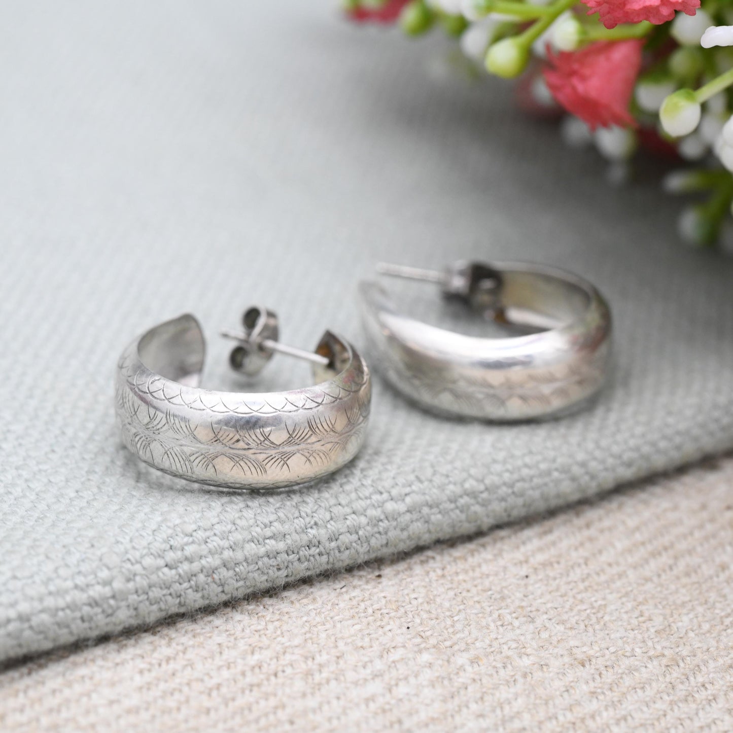 Vintage Sterling Silver C Hoop Earrings - Minimalist | Etched Geometric Pattern Design | Statement Jewellery