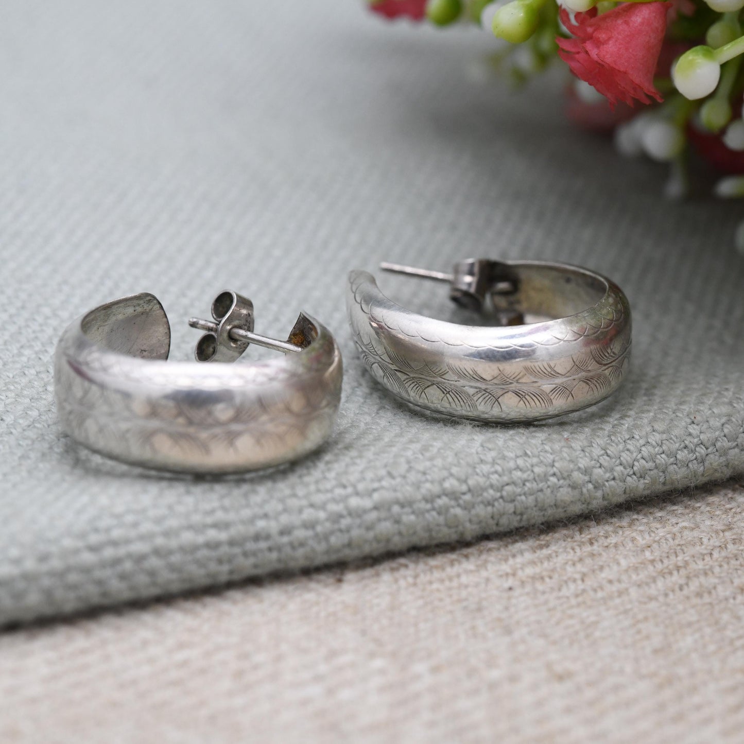Vintage Sterling Silver C Hoop Earrings - Minimalist | Etched Geometric Pattern Design | Statement Jewellery
