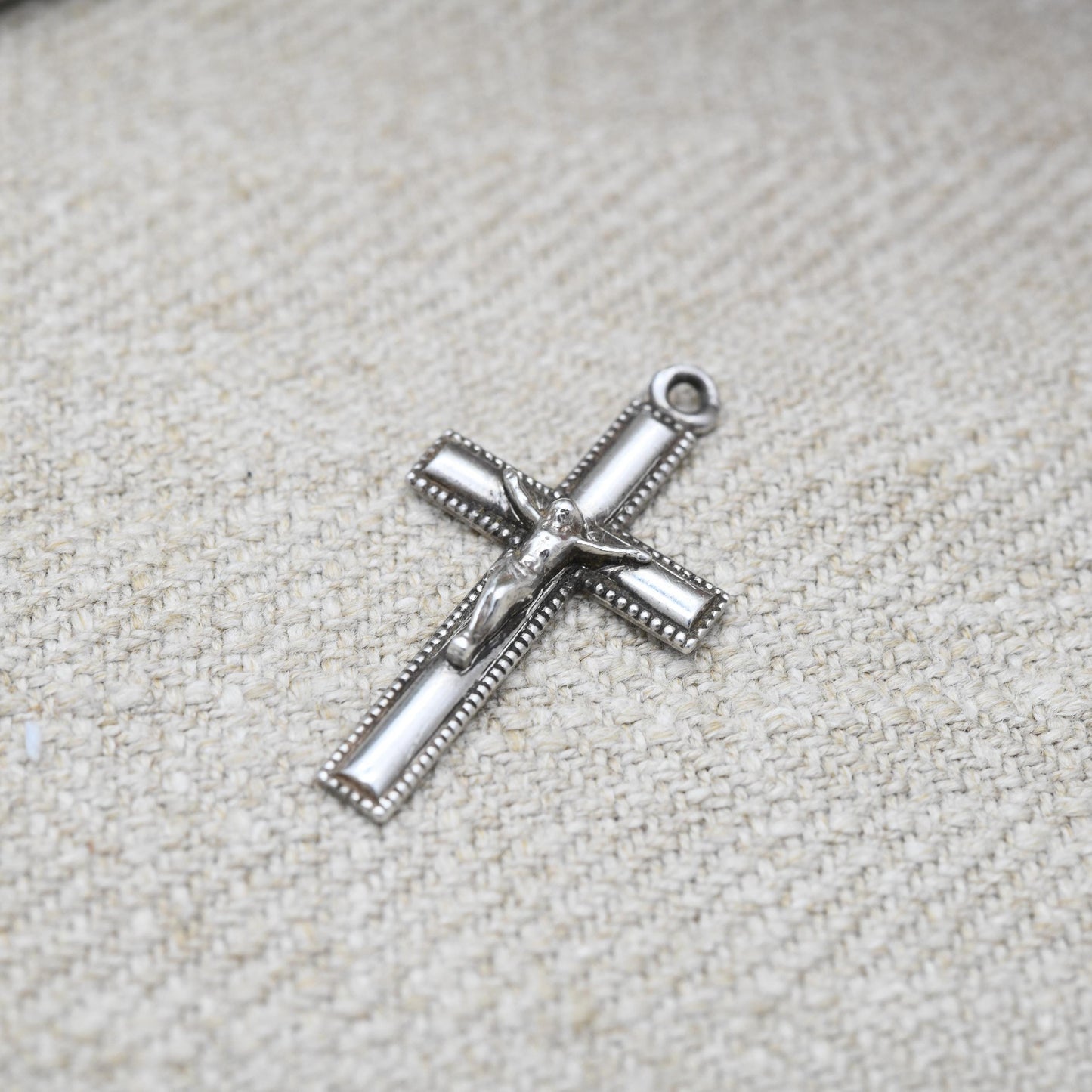 Vintage Sterling Silver Crucifix - Mid-Century | Granulated Border | Christian Cross Pendant | Gift for Baptism Christening