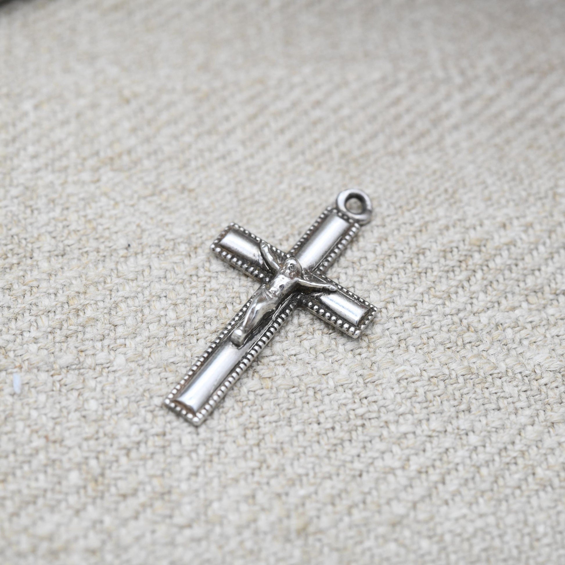 Vintage Sterling Silver Crucifix - Mid-Century | Granulated Border | Christian Cross Pendant | Gift for Baptism Christening