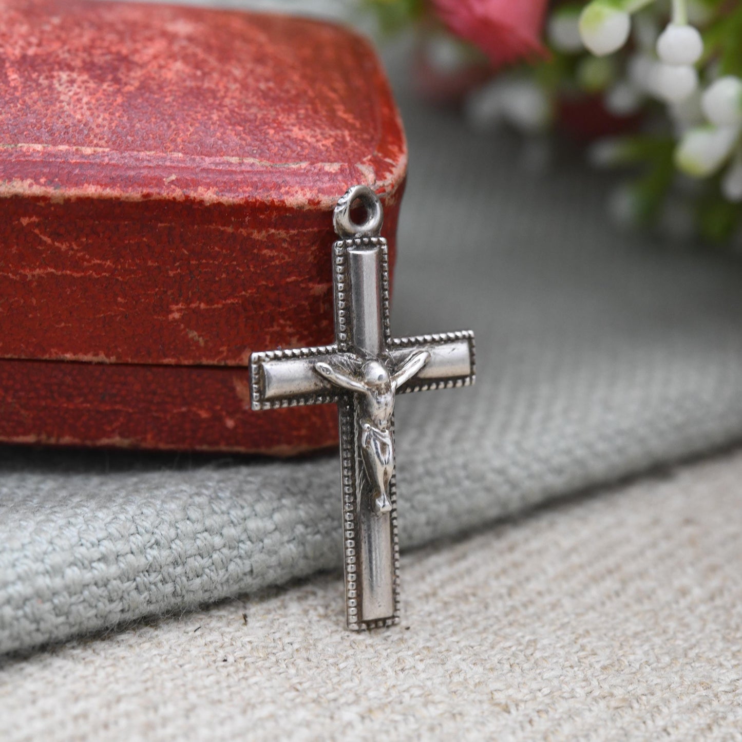 Vintage Sterling Silver Crucifix - Mid-Century | Granulated Border | Christian Cross Pendant | Gift for Baptism Christening