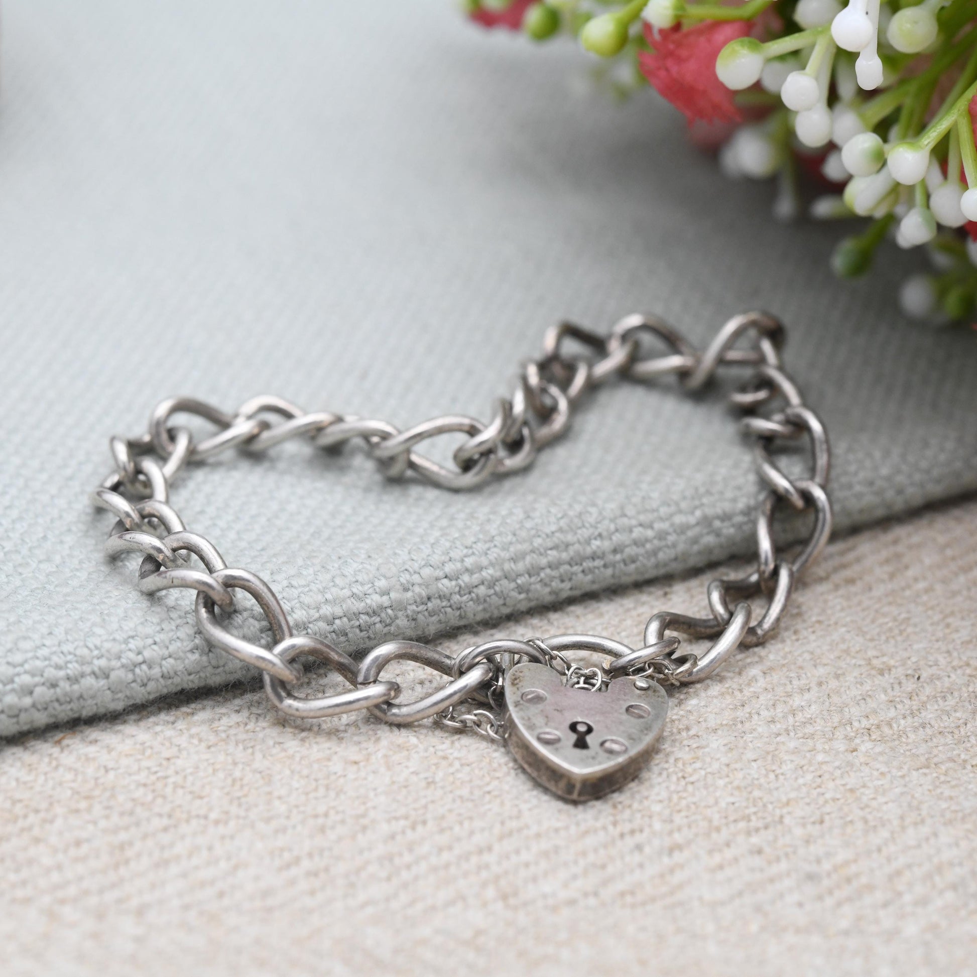 Vintage Sterling Silver Heart Padlock Clasp Chain Bracelet - Chunky Curb Links with Safety Chain