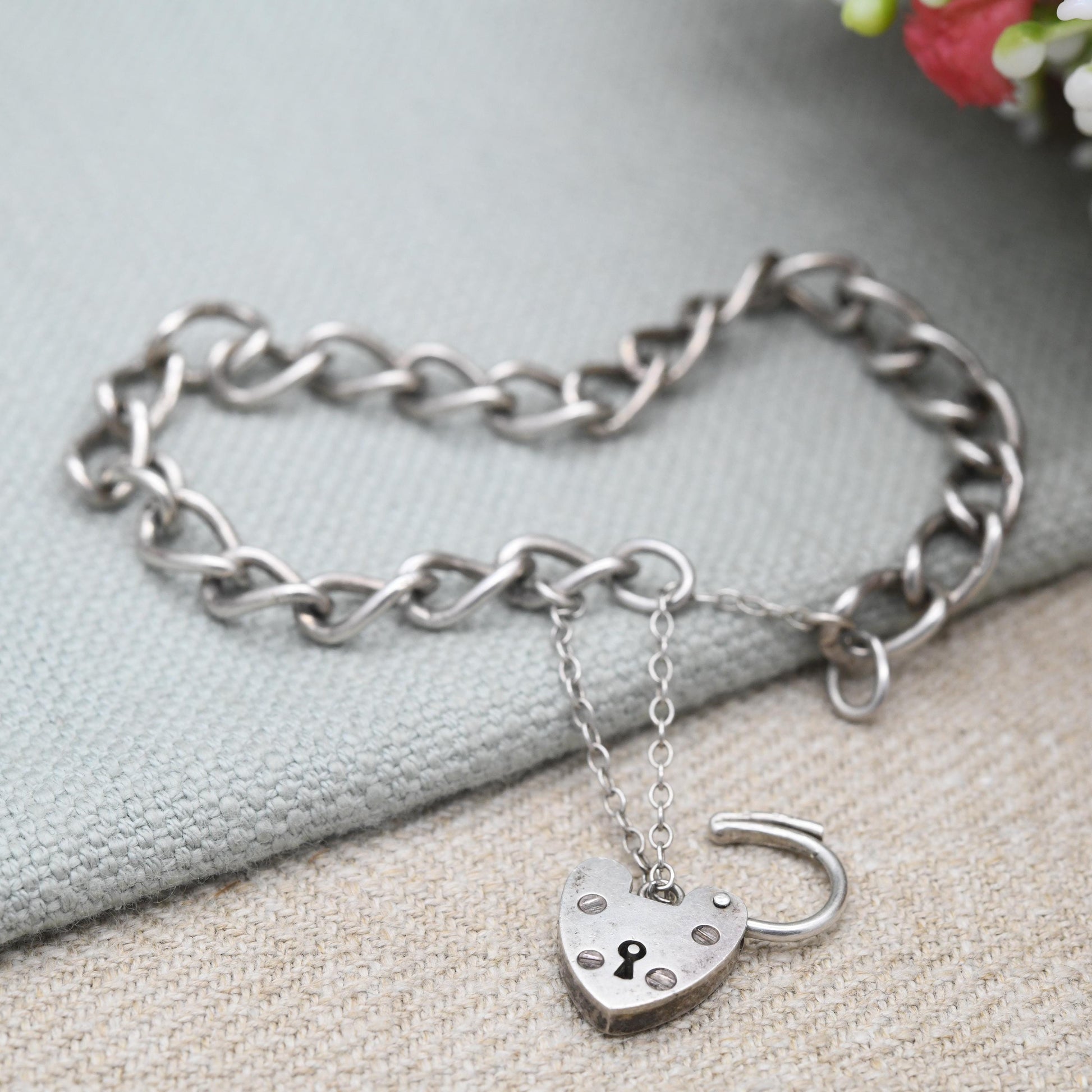 Vintage Sterling Silver Heart Padlock Clasp Chain Bracelet - Chunky Curb Links with Safety Chain