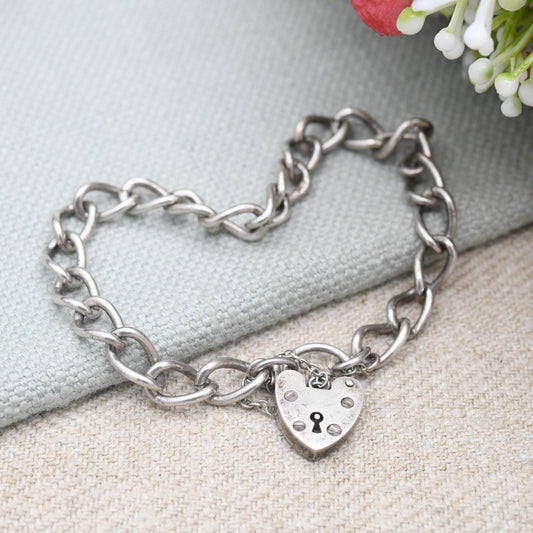 Vintage Sterling Silver Heart Padlock Clasp Chain Bracelet - Chunky Curb Links with Safety Chain