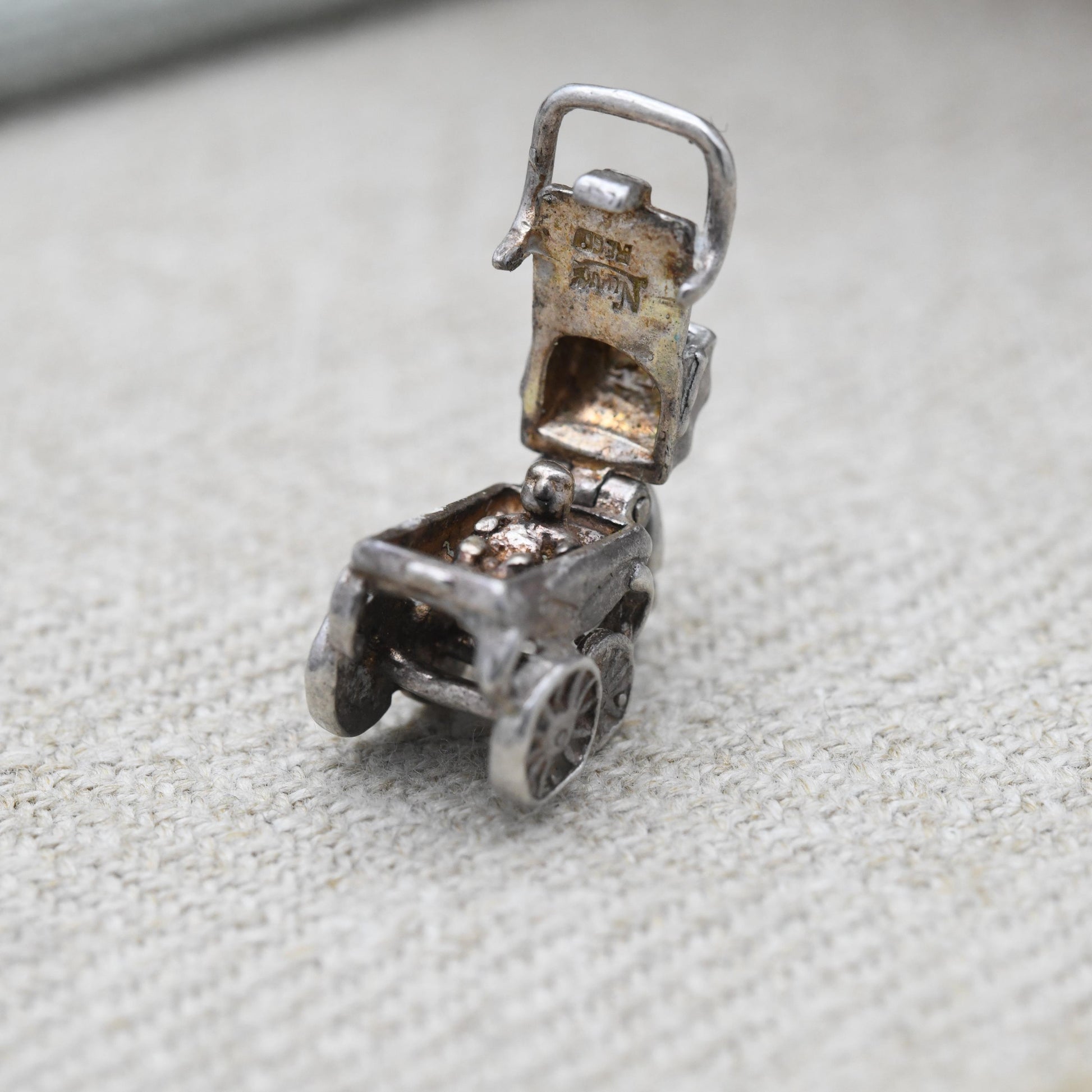 Vintage Nuvo Sterling Silver Pram Charm Opening to Reveal a Baby - Antique Style Pushchair Pendant | Gift for Charm Bracelet Necklace Stack