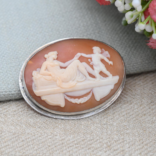 Antique Goddess Cameo Brooch with Classical Scene of Venus and Cupid - Silver Mount | Victorian Carved Shell Cameo Woman and Winged Child