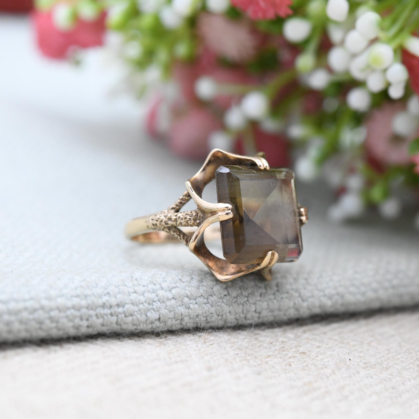 Vintage 9ct Gold Smoky Quartz Statement Ring 1976 - Mid-Century Large Square Brown Gemstone Cocktail Ring | UK Size - M | US Size - 6 1/2