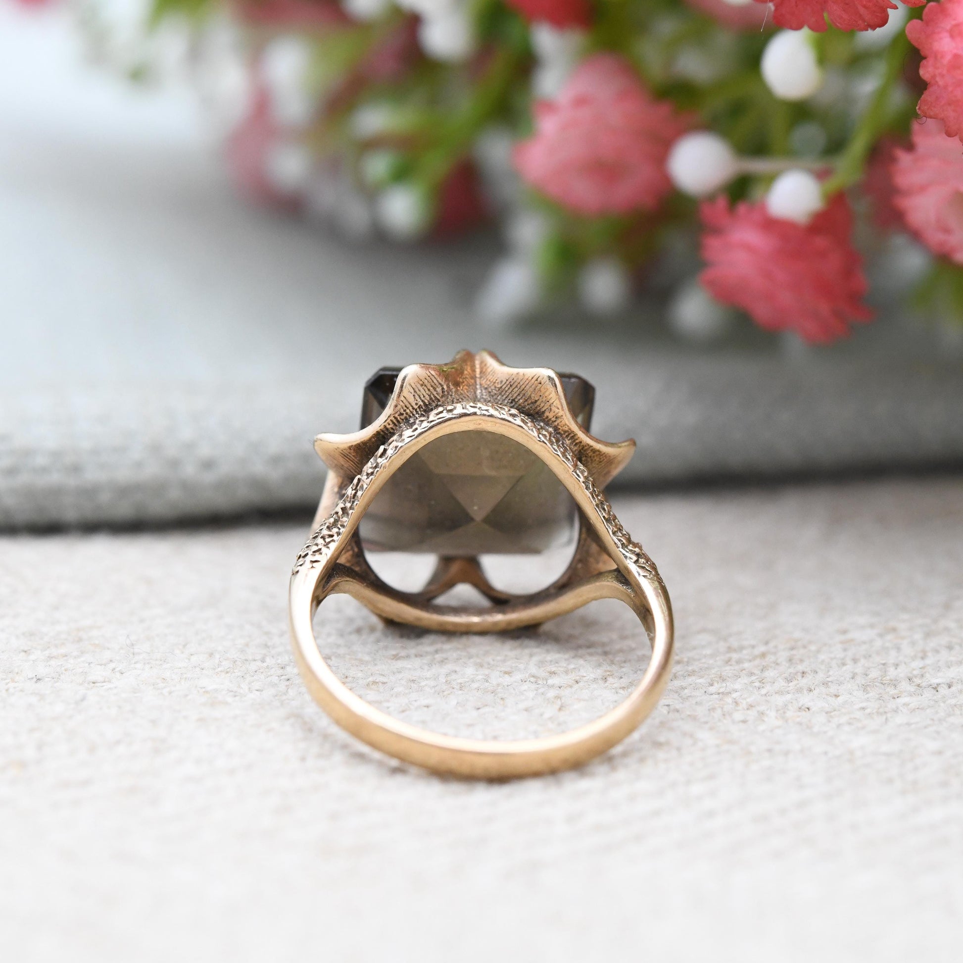 Vintage 9ct Gold Smoky Quartz Statement Ring 1976 - Mid-Century Large Square Brown Gemstone Cocktail Ring | UK Size - M | US Size - 6 1/2