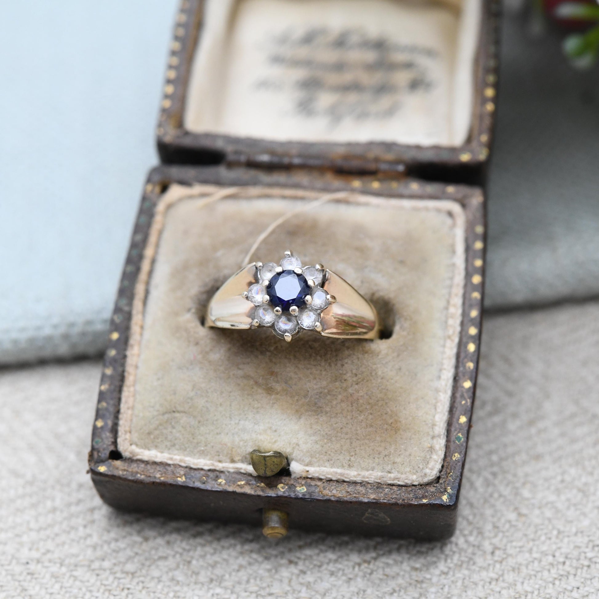 Vintage 9ct Gold Floral Cluster Ring 1973 - Deep Blue with Clear Stone Halo | Small UK Size - O | US Size - 7 1/2