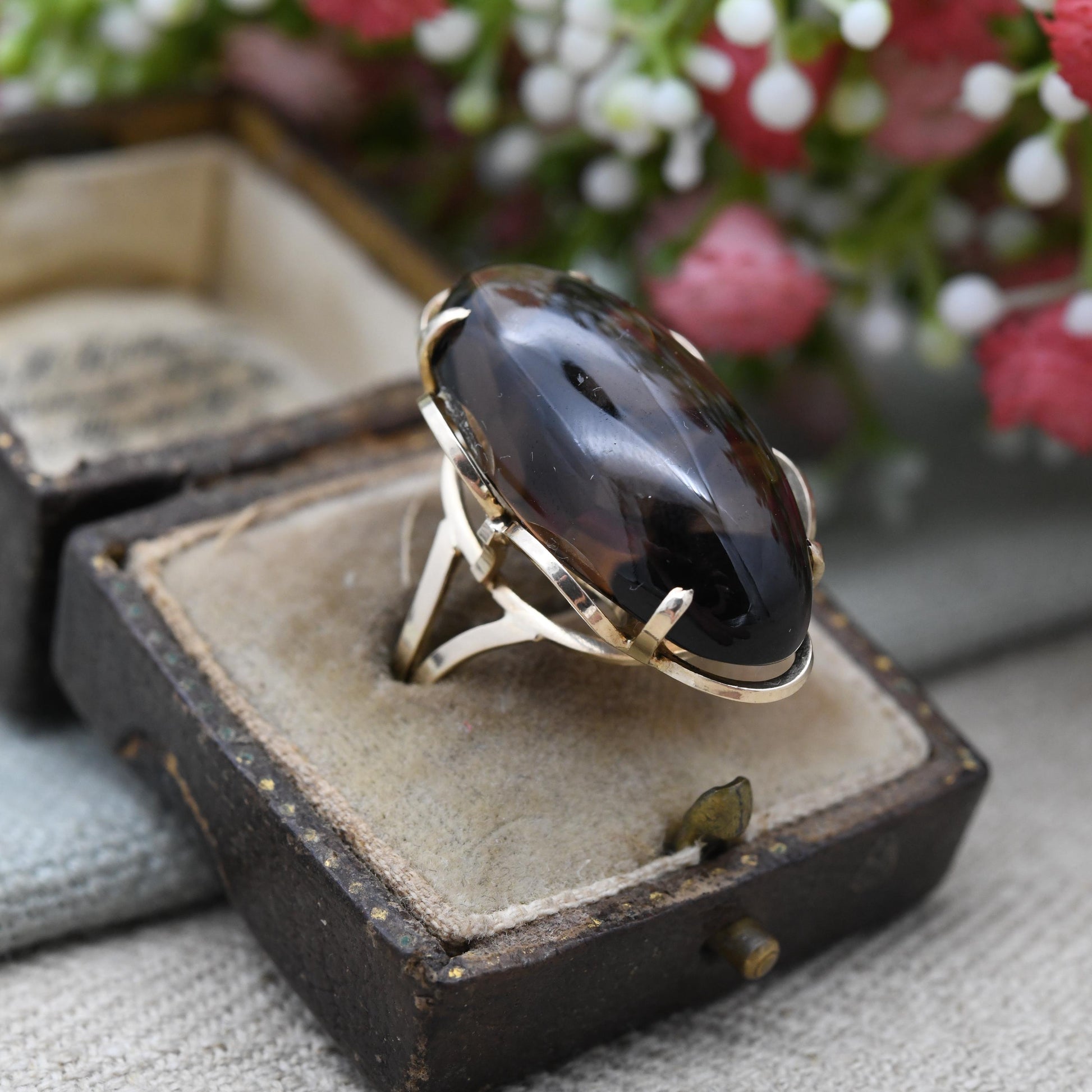 Vintage 9ct Gold Smoky Quartz Statement Ring 1972 with Large Cabochon Stone - Mid-Century Gemstone Cocktail | UK Size - O | US Size - 7 1/4