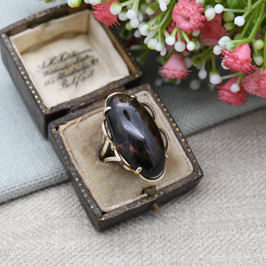 Vintage 9ct Gold Smoky Quartz Statement Ring 1972 with Large Cabochon Stone - Mid-Century Gemstone Cocktail | UK Size - O | US Size - 7 1/4