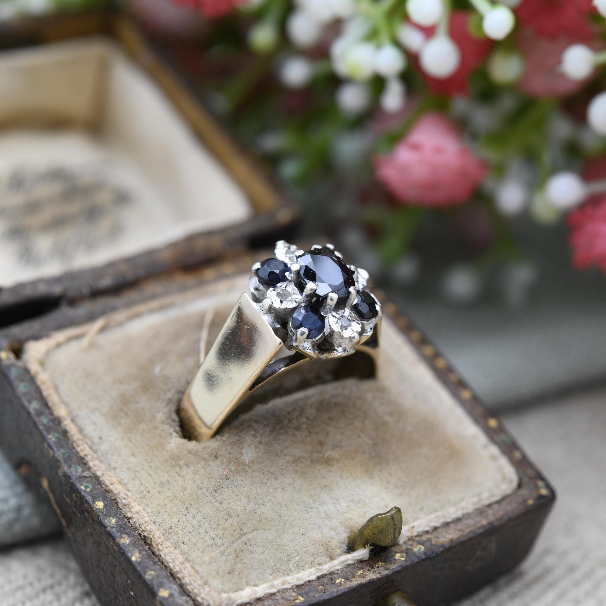 Vintage 9ct Gold Sapphire and Diamond Ring 1979 - Wide Band Deep Blue Floral Ring | Blue Stone Engagement | UK Size - P | US Size - 7 3/4