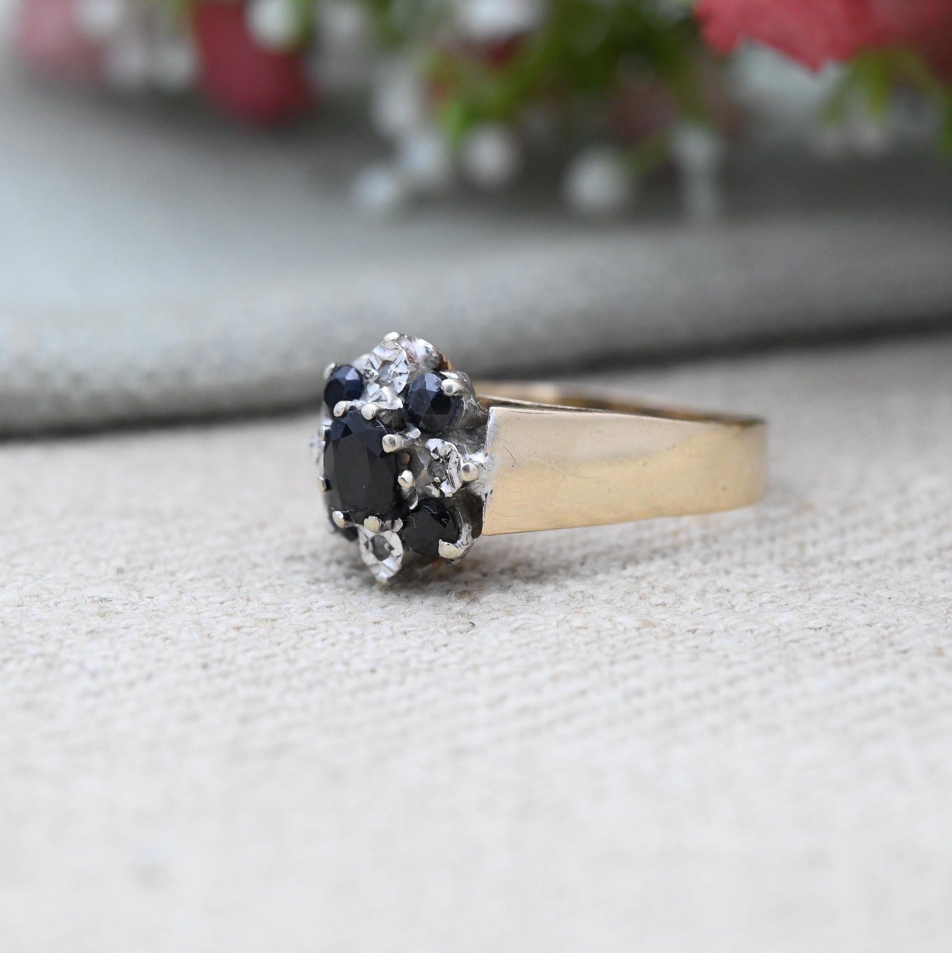 Vintage 9ct Gold Sapphire and Diamond Ring 1979 - Wide Band Deep Blue Floral Ring | Blue Stone Engagement | UK Size - P | US Size - 7 3/4