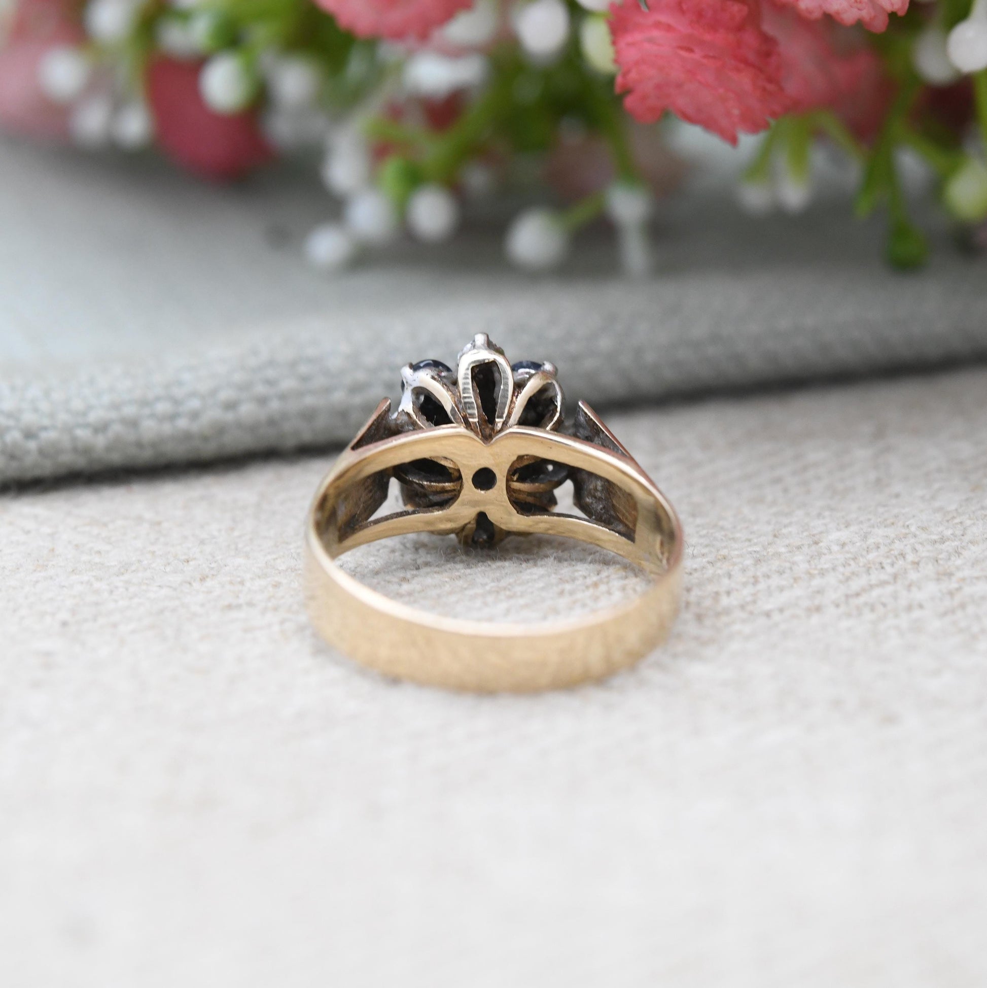 Vintage 9ct Gold Sapphire and Diamond Ring 1979 - Wide Band Deep Blue Floral Ring | Blue Stone Engagement | UK Size - P | US Size - 7 3/4