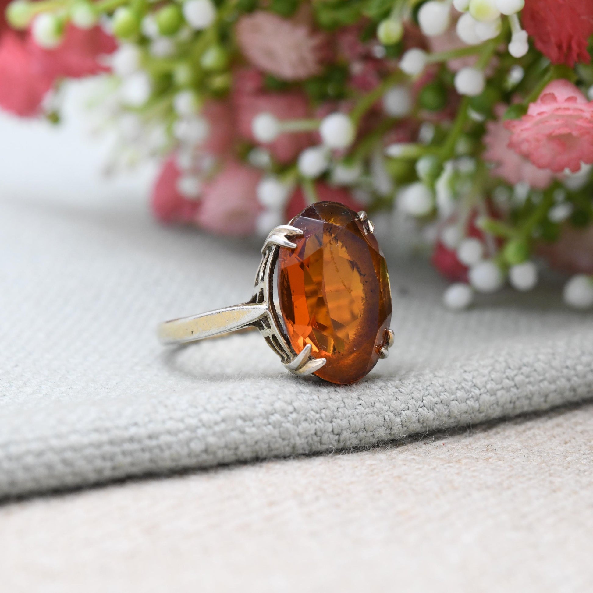 Vintage Gold Plated Sterling Silver Ring with Orange Stone - Midcentury Jewellery with Large Statement Stone | UK Size - Q | US Size - 8 1/4