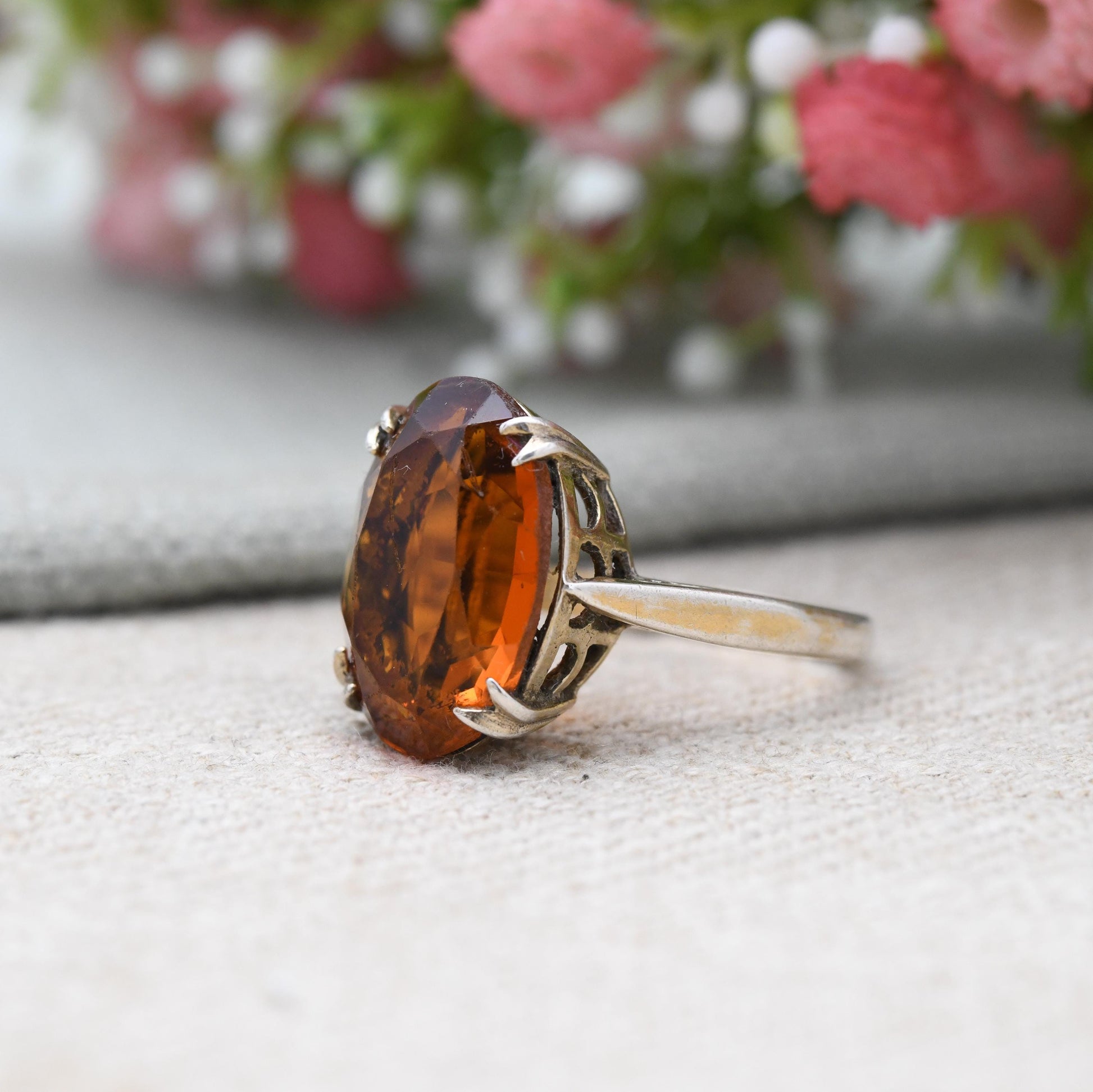 Vintage Gold Plated Sterling Silver Ring with Orange Stone - Midcentury Jewellery with Large Statement Stone | UK Size - Q | US Size - 8 1/4