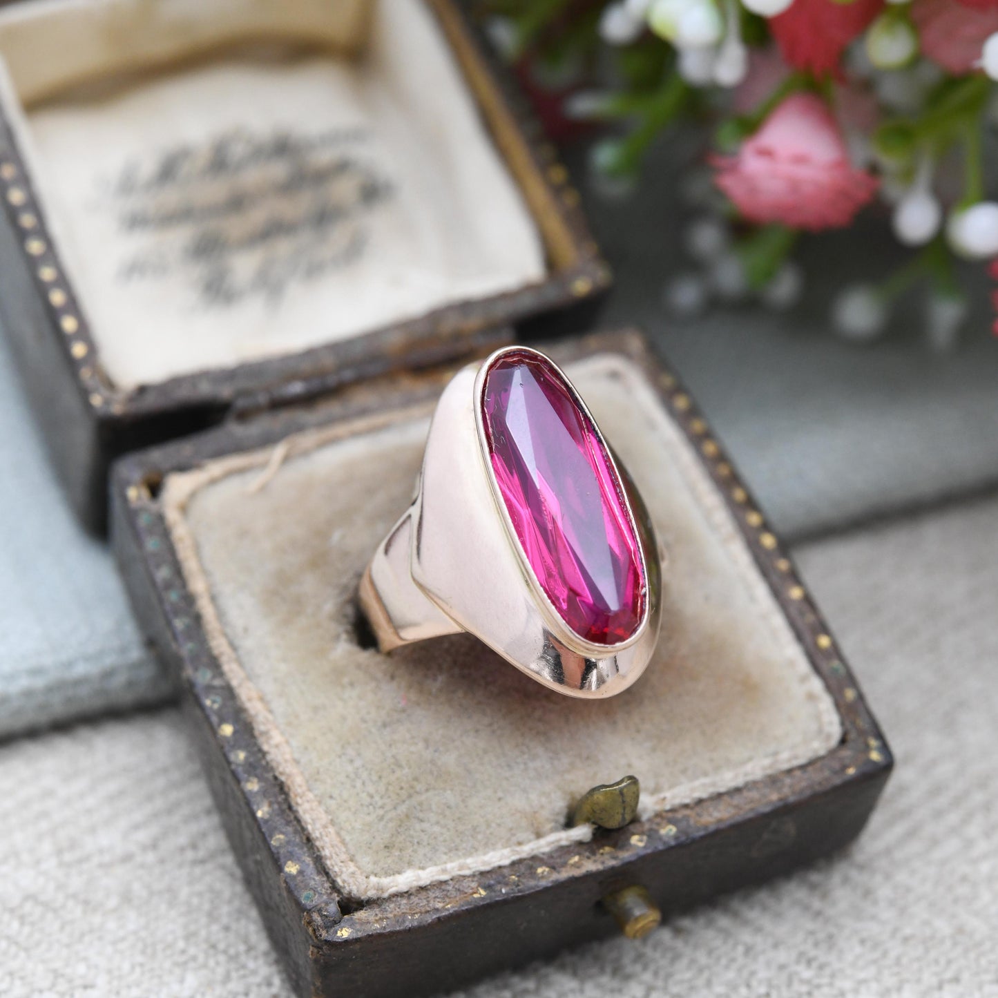 Vintage USSR 14ct Gold Ruby Ring - Large Rose Gold Statement Cocktail Ring | 585 Hammer and Sickle Hallmark | UK Size - N | US Size - 7