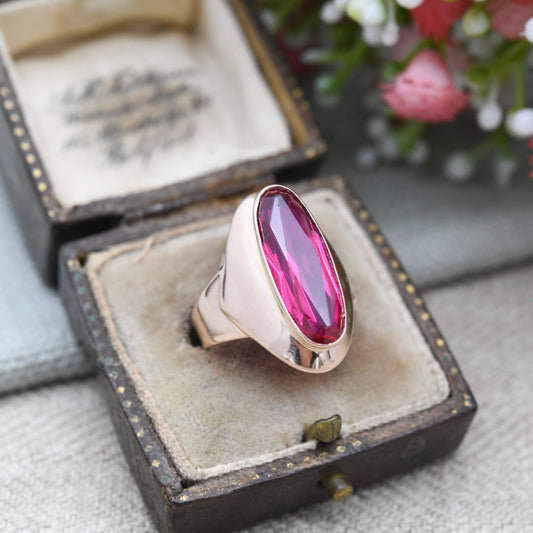 Vintage USSR 14ct Gold Ruby Ring - Large Rose Gold Statement Cocktail Ring | 585 Hammer and Sickle Hallmark | UK Size - N | US Size - 7