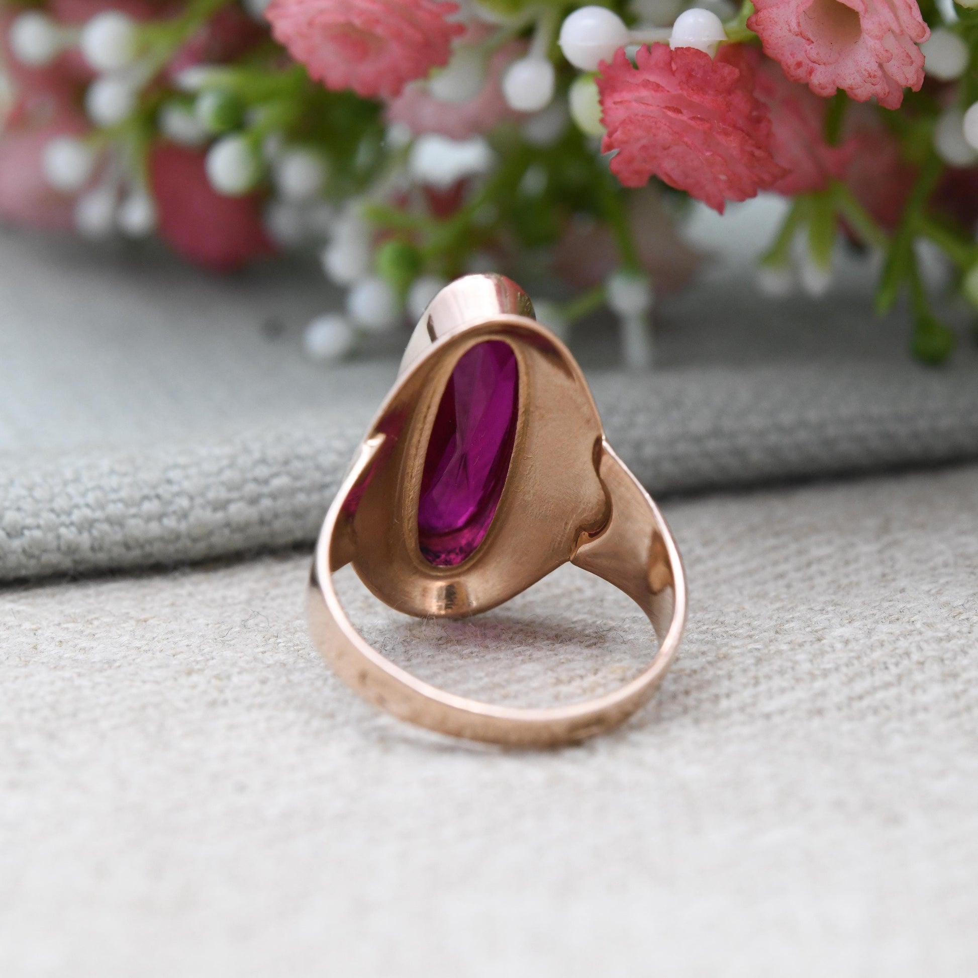 Vintage USSR 14ct Gold Ruby Ring - Large Rose Gold Statement Cocktail Ring | 585 Hammer and Sickle Hallmark | UK Size - N | US Size - 7