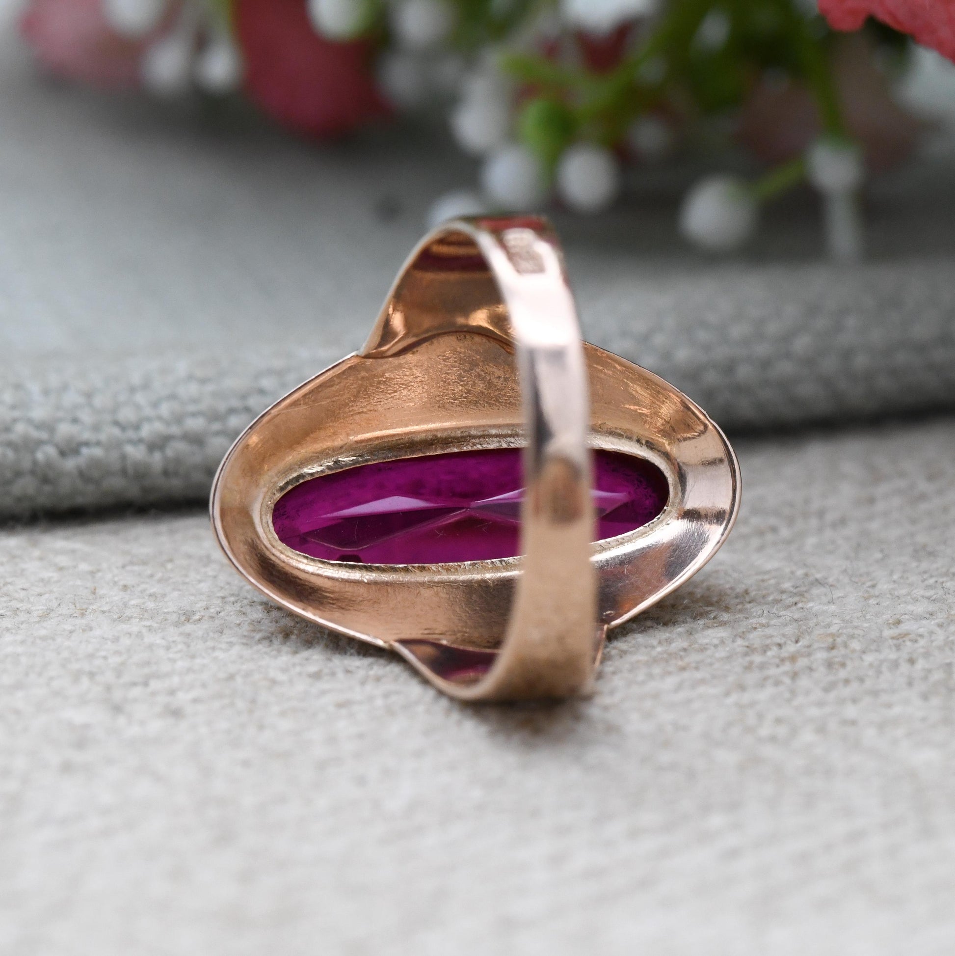 Vintage USSR 14ct Gold Ruby Ring - Large Rose Gold Statement Cocktail Ring | 585 Hammer and Sickle Hallmark | UK Size - N | US Size - 7