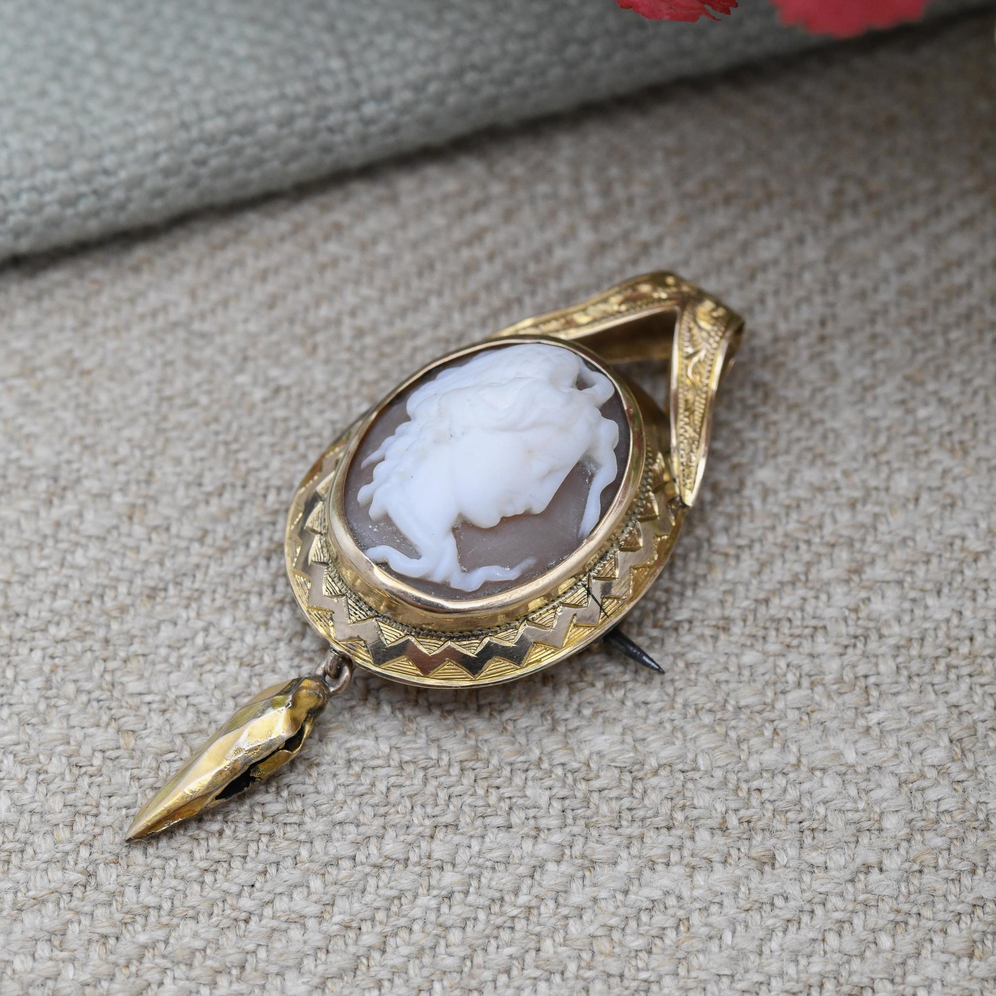Antique Medusa Shell Cameo Pendant Brooch c. 1840s Victorian - Gorgon Classical Face Bust Engraved Border | Collectable Grand Tour Jewellery