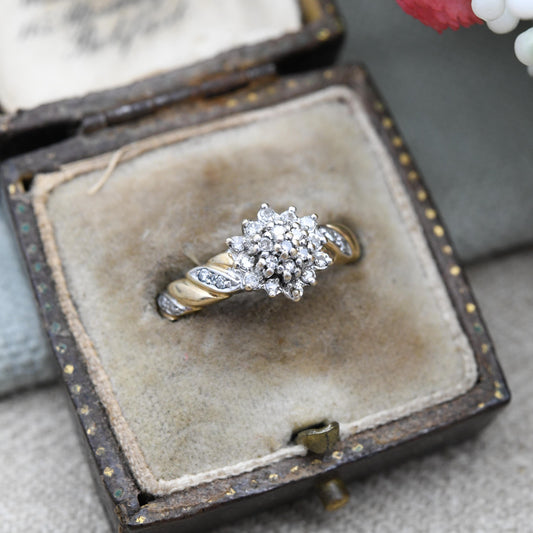 Vintage 9ct Gold and Diamond Cluster Ring 0.25 Carats 25 Points - Twist Pretty Gold Jewellery Gift for Her | UK Size - L 1/2 US Size - 6 1/4