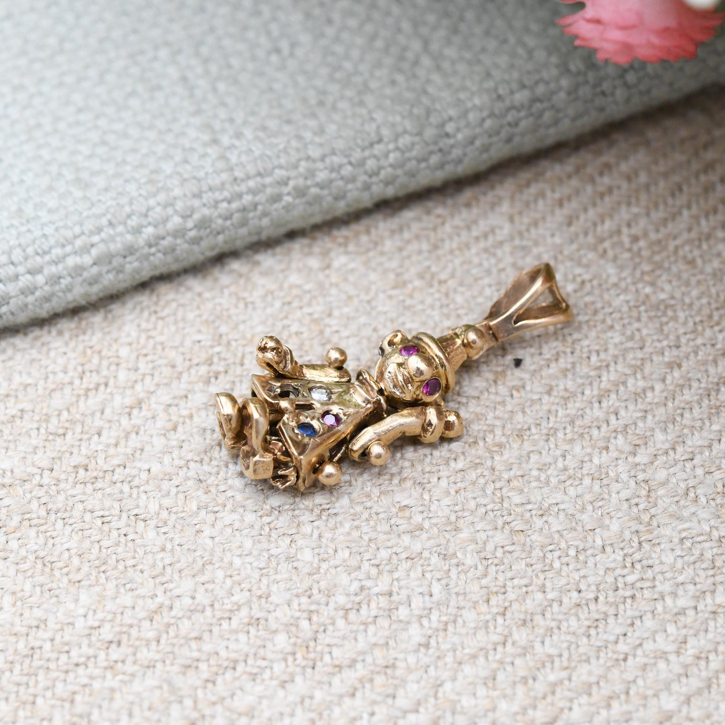 Vintage 9ct Gold Clown Charm Pendant with Ruby Eyes - Articulated Clown | Moving Limbs | Colourful Gemstone Buttons