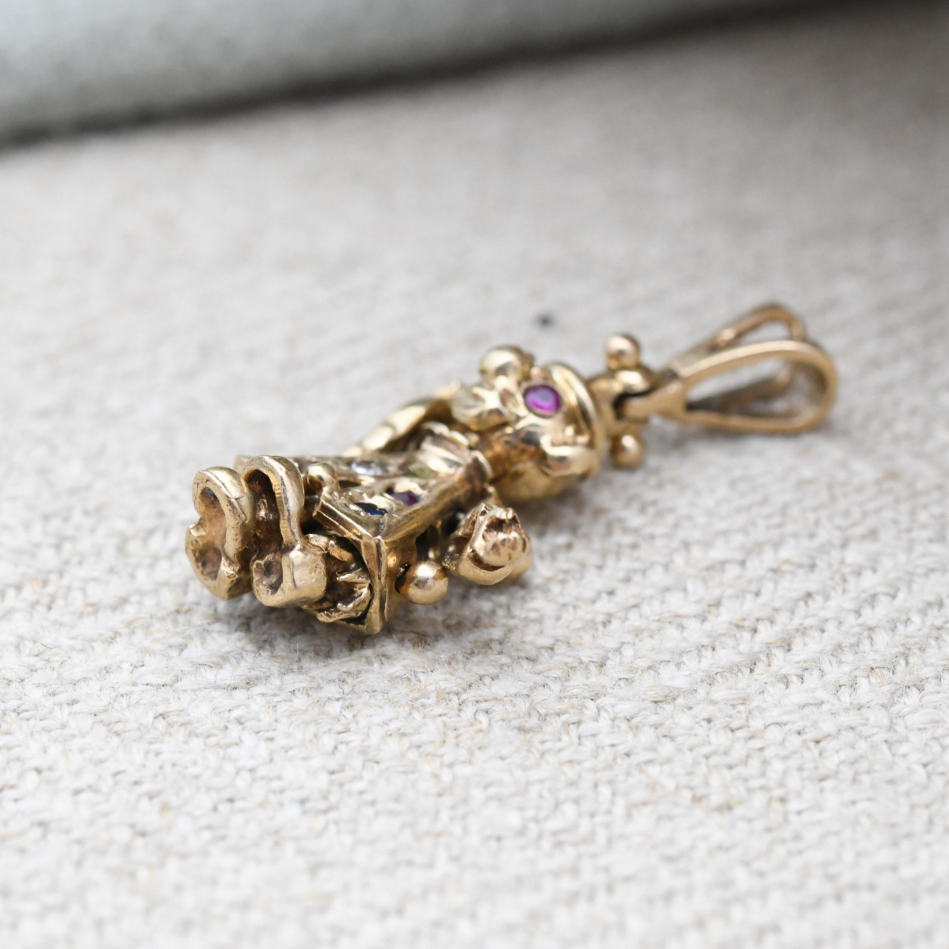 Vintage 9ct Gold Clown Charm Pendant with Ruby Eyes - Articulated Clown | Moving Limbs | Colourful Gemstone Buttons