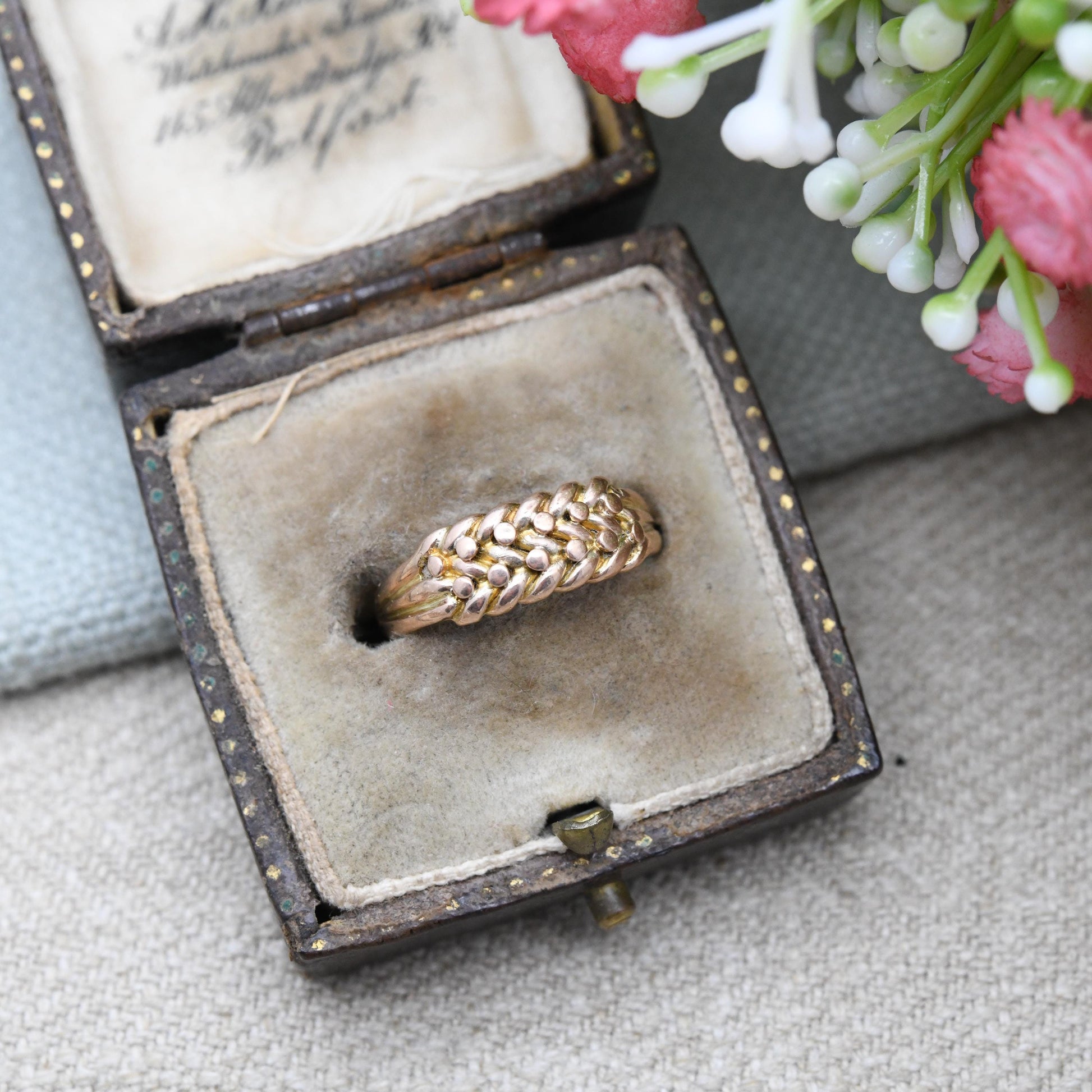 Antique 9ct Gold Keeper Ring 1905 Edwardian - Textured Knotted Band Love Symbol | Everyday Gold Jewellery | UK Size - L | US Size - 5 3/4