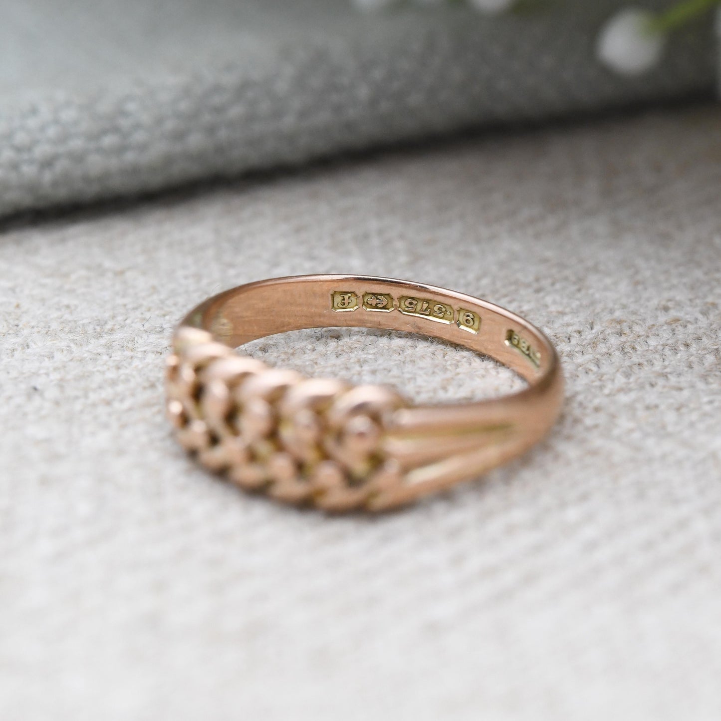 Antique 9ct Gold Keeper Ring 1905 Edwardian - Textured Knotted Band Love Symbol | Everyday Gold Jewellery | UK Size - L | US Size - 5 3/4