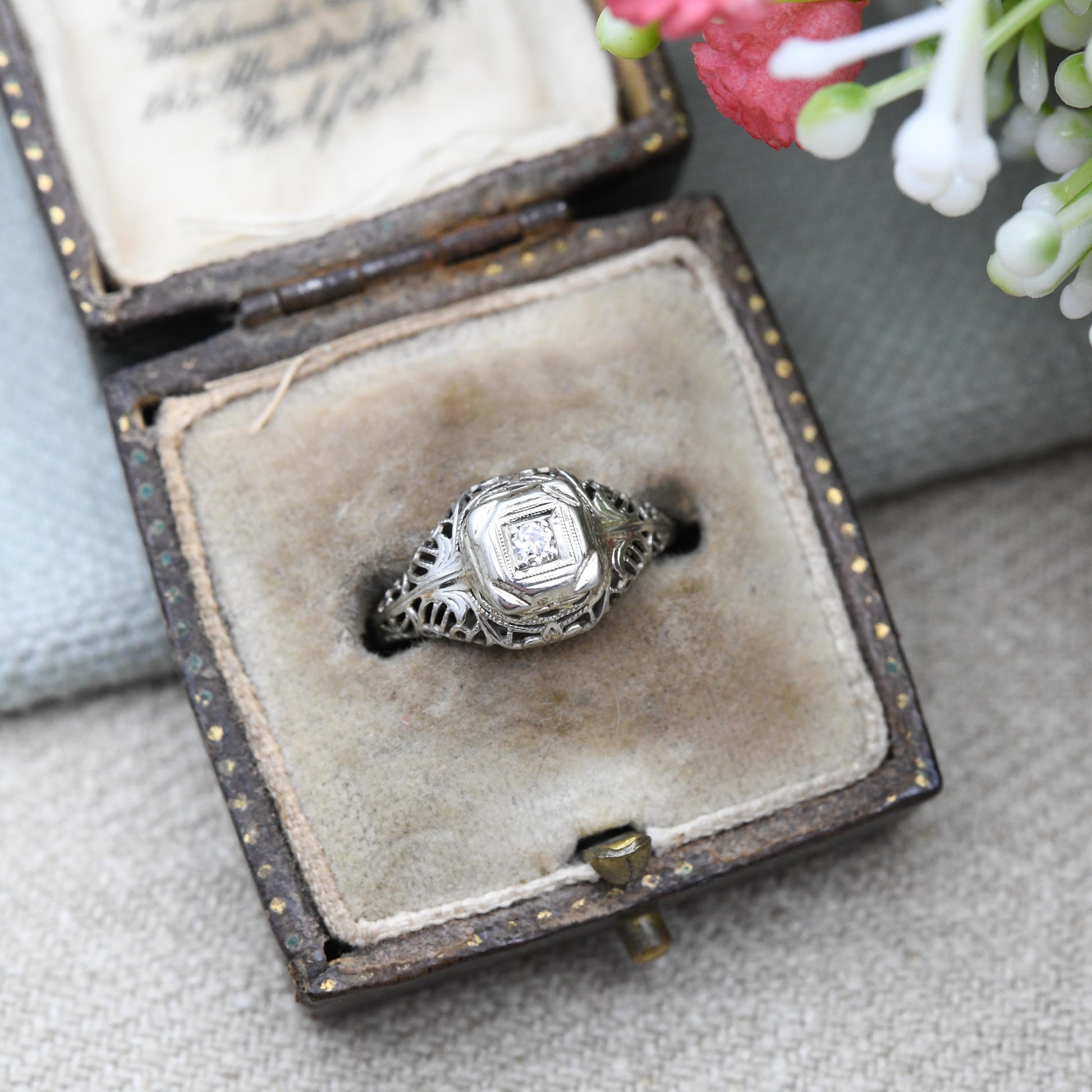 Antique 14ct White Gold Diamond Solitaire Ring - True Vintage Art Deco Engagement Ring | UK Size - J | US Size - 5