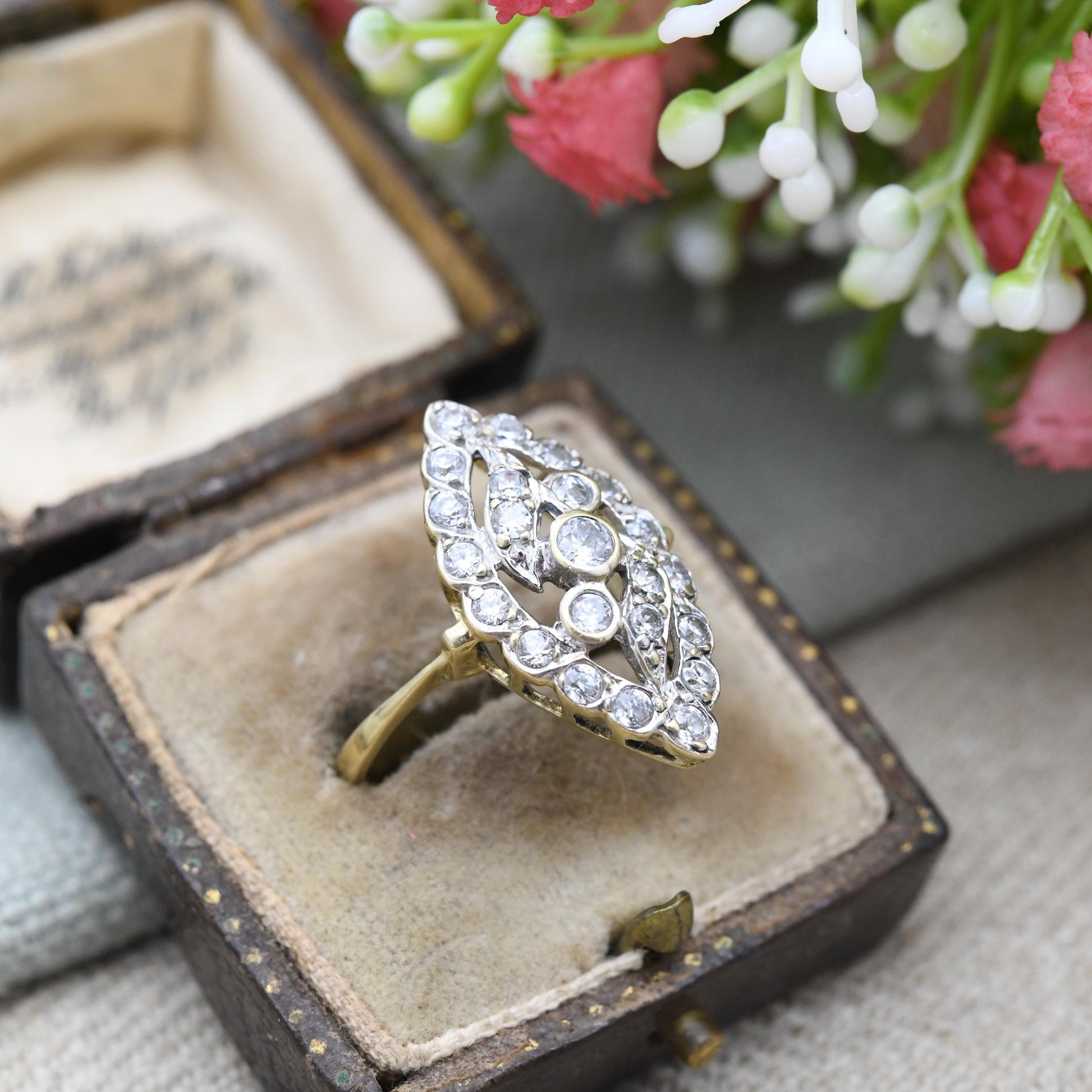 9ct Gold Statement Ring with Clear Stones 2003 - Sparkly Cocktail Ring Y2K Edwardian Style | UK Size - U | US Size - 10