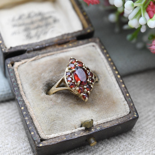 Vintage 9ct Gold Garnet Cluster Ring c. 1970s - Marquise Shape Pointed Oval Mid-Century Ring Red Gemstones | UK Size - P | US Size - 8