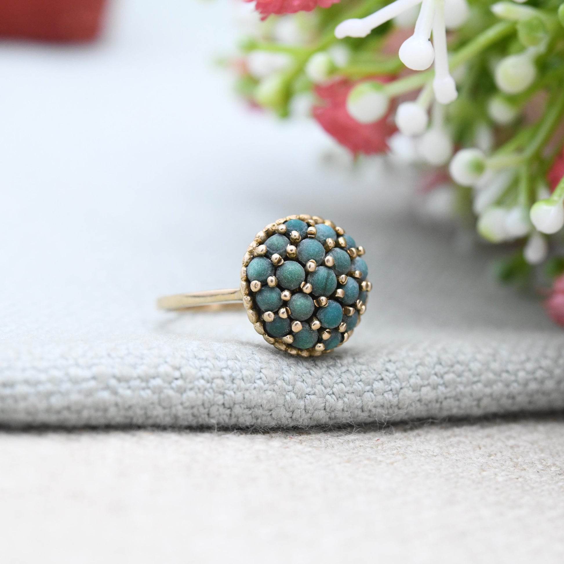 Vintage 9ct Gold Turquoise Cluster Ring 1968 - 1960s Jewellery Bombe Boule Cluster Statement Ring Gift | UK Size - L | US Size - 6