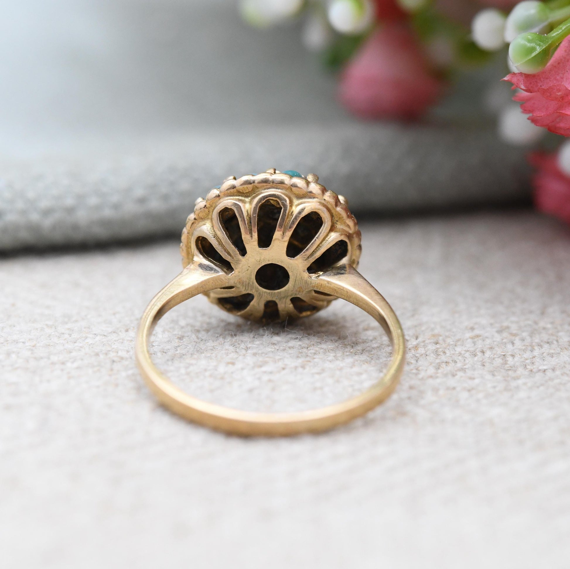 Vintage 9ct Gold Turquoise Cluster Ring 1968 - 1960s Jewellery Bombe Boule Cluster Statement Ring Gift | UK Size - L | US Size - 6