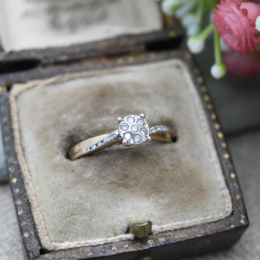 Vintage 9ct Gold and Diamond Cluster Ring 0.1 Carats 10 Points - Y2K Gold Twist Jewellery Two Tone White | UK Size - M | US Size - 6 1/2